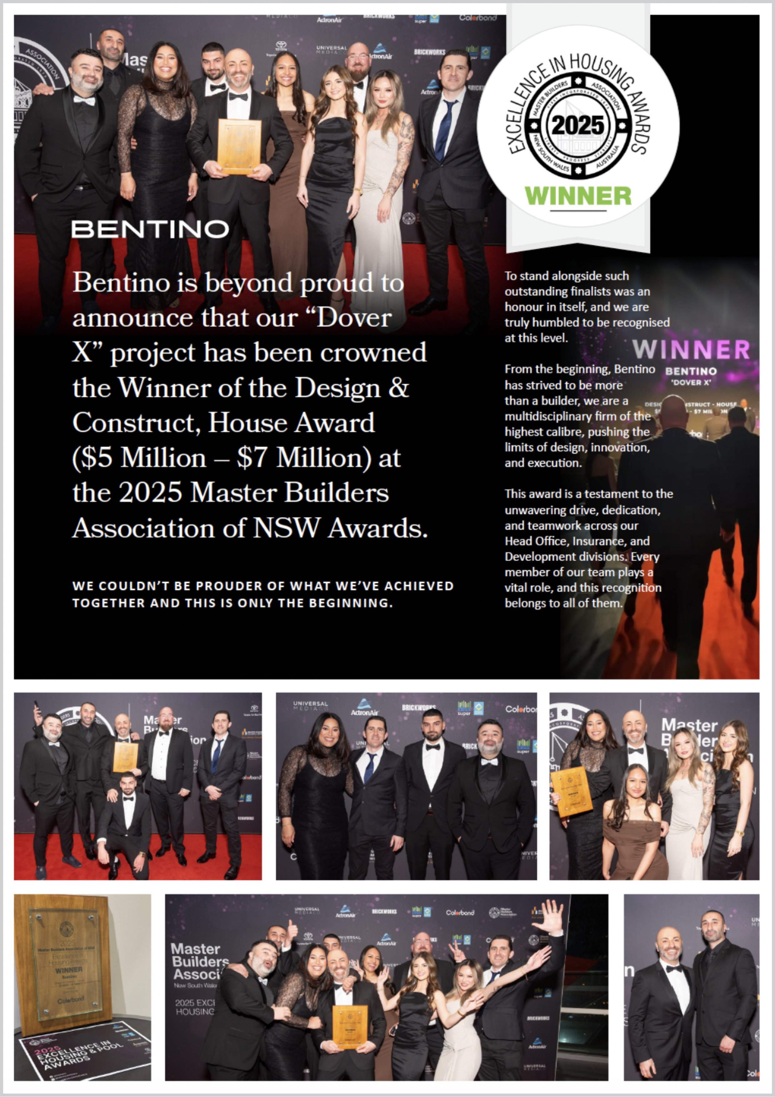 Group of people dressed in formal attire at an awards ceremony, with backdrop displaying event logos and sponsors, holding a wooden plaque and celebrating.
