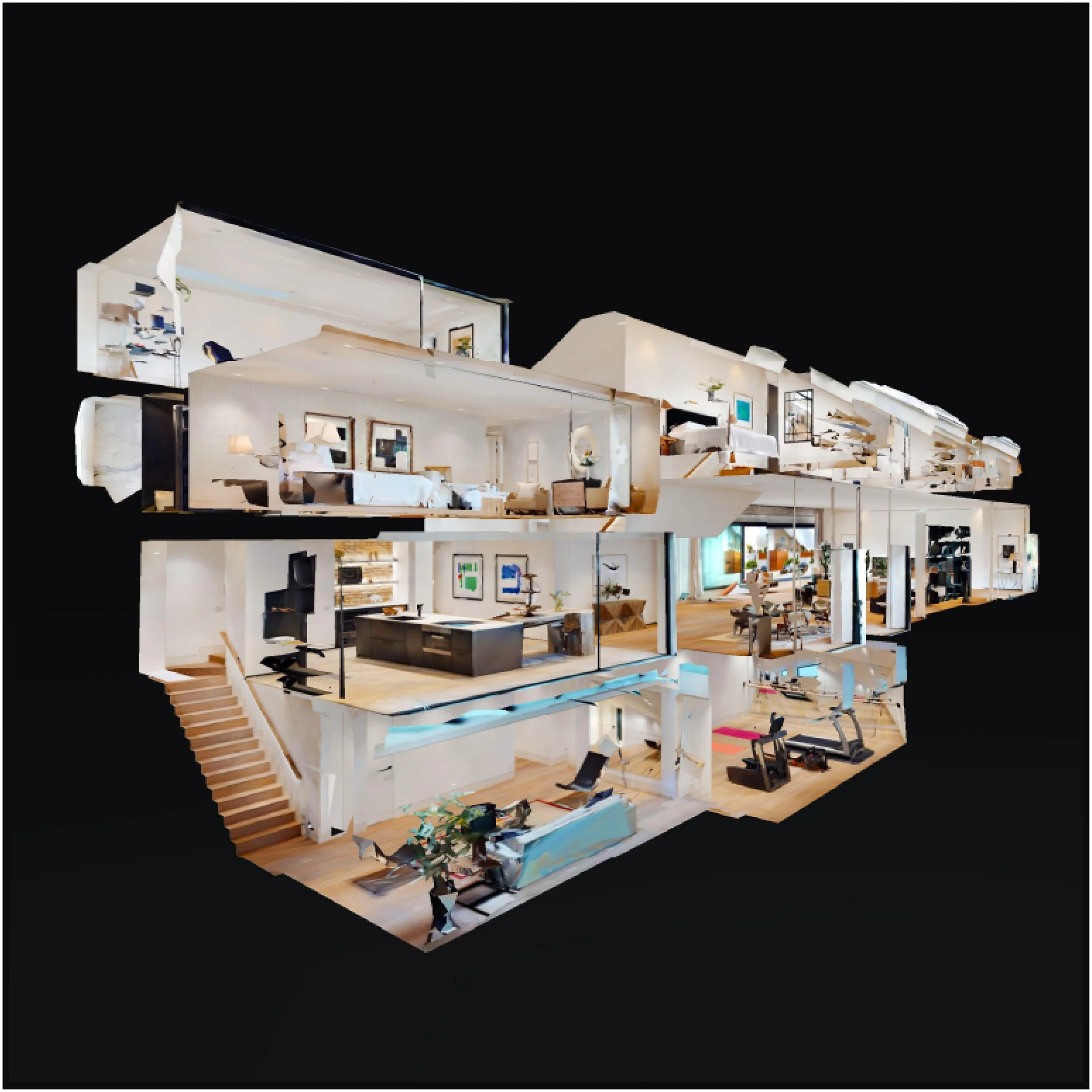 A three-dimensional digital model of a modern, multi-story house with an open floor plan, interior furniture, and decor, set against a black background.