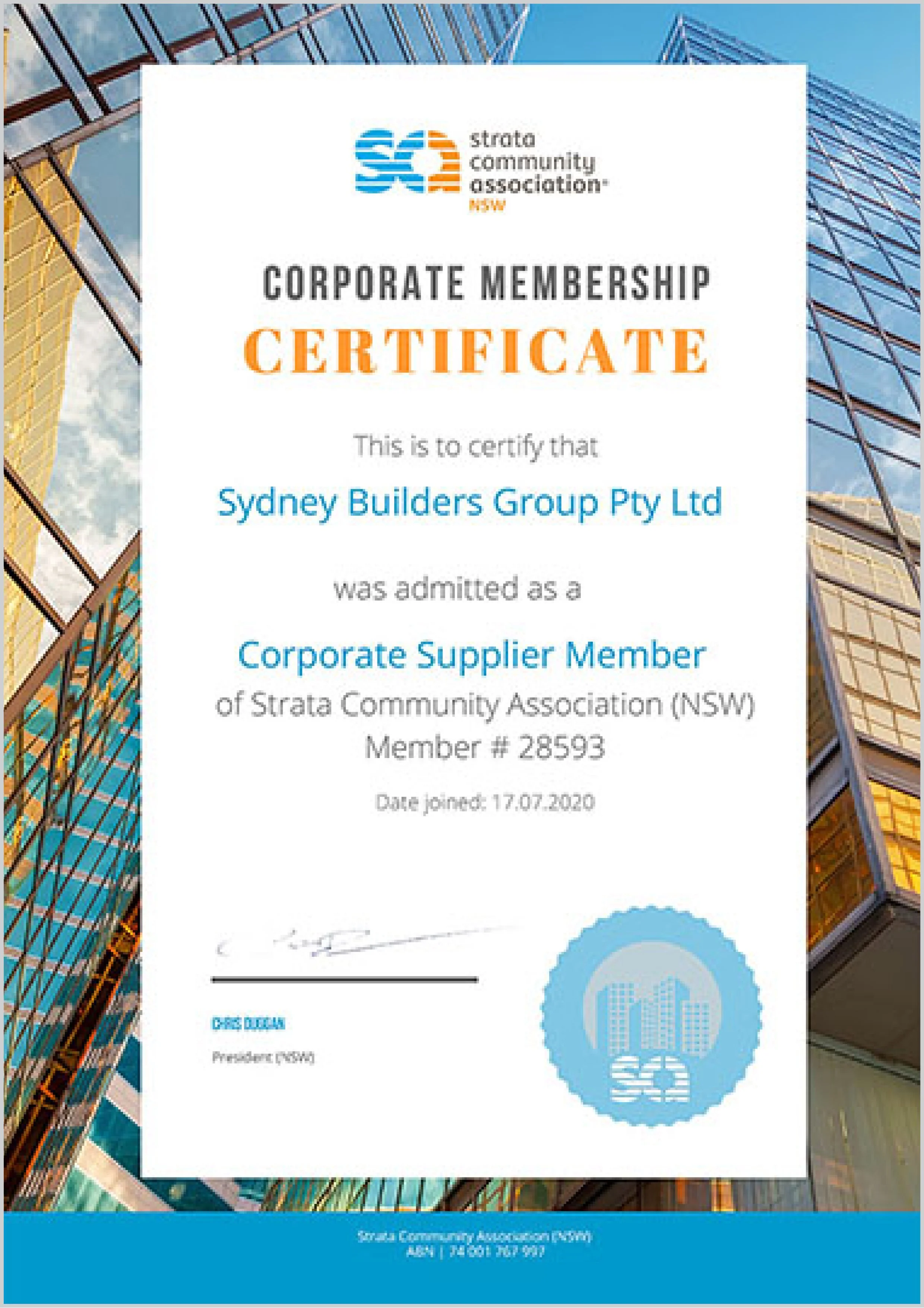 Certificate of corporate membership from Strata Community Association NSW, issued to Sydney Builders Group Pty Ltd, with a background of modern glass buildings and a blue and white color scheme.