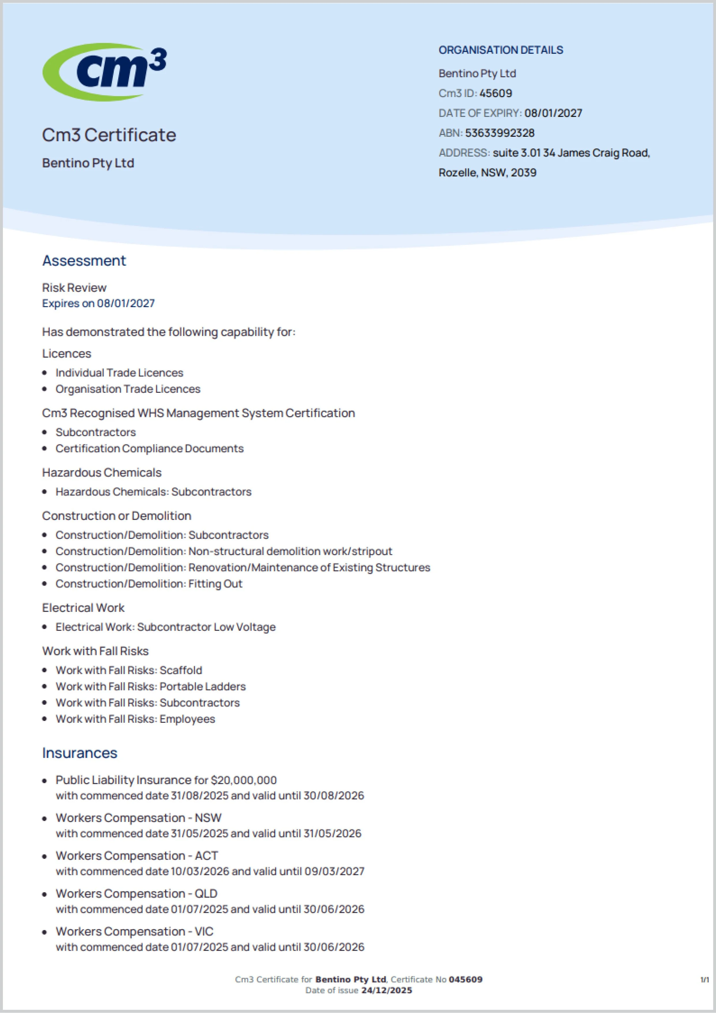 A professional certification document titled 'Cm3 Certificate' issued to Bentino Pty Ltd, detailing organization and assessment information, including license capabilities, work with fall risks, insurances, and validity periods.