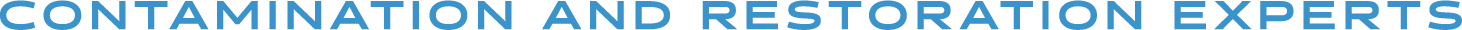 Partial view of a logo with the words 'Contamination and Restoration Experts' in blue