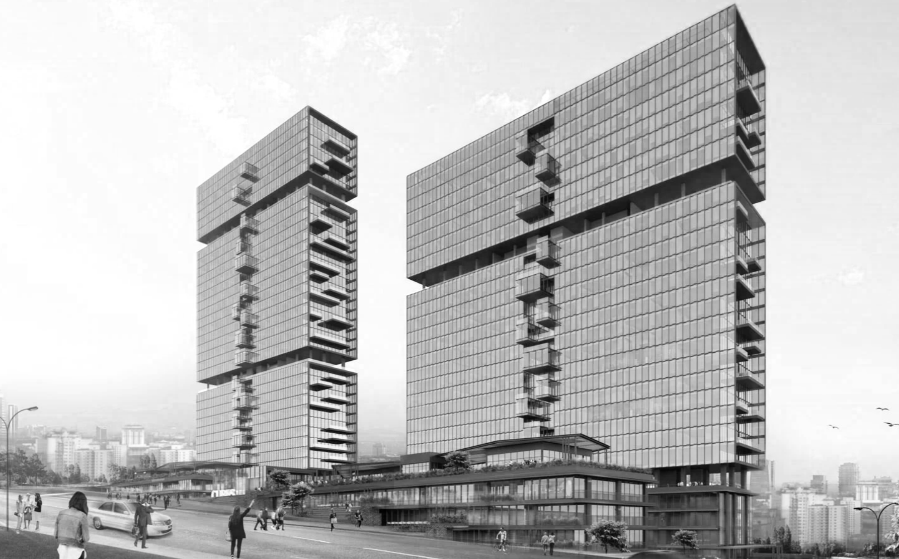 İki modern gökdelen, cam cepheli ve bağımsız katlardan oluşuyor, şehir manzarasına hakim, yüksek binalar.