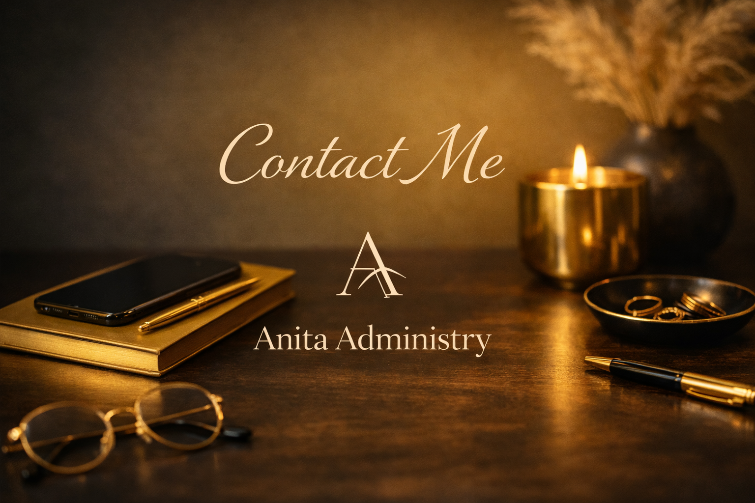 Dark wooden desk with a gold notebook, black and gold pen, smartphone, gold-rimmed glasses, gold rings in a black dish, lit candle in a gold holder, and a vase with dried plants, with the text 'Contact Me' and 'Anita Administry' overlaid.