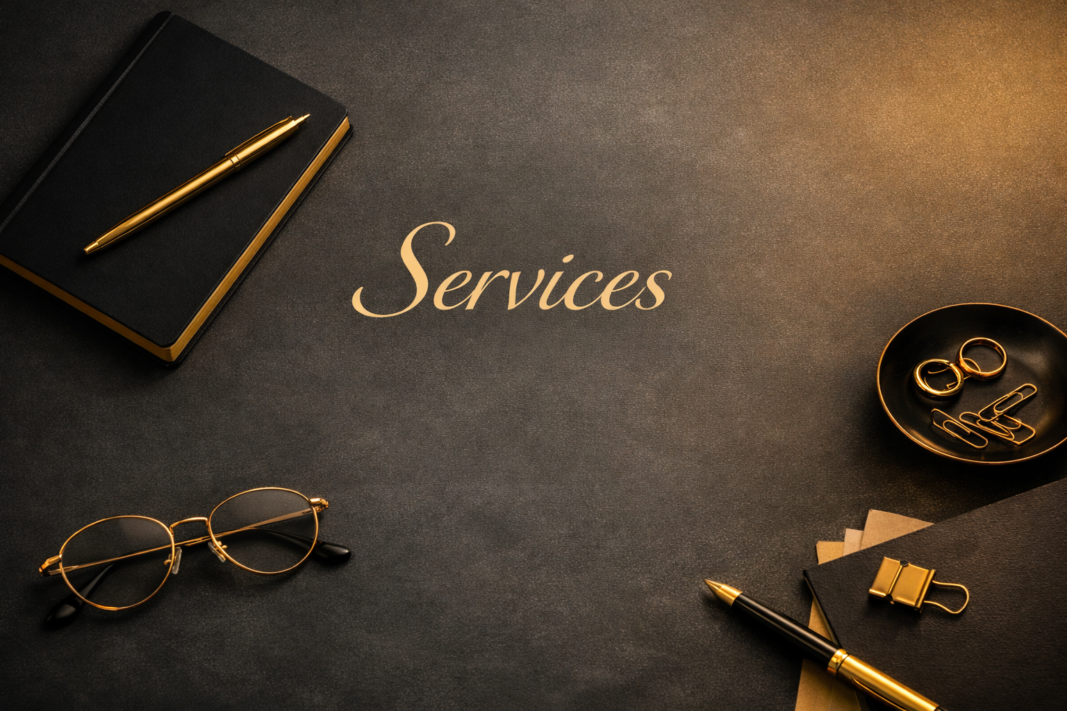 A flat lay of office supplies including a black notebook with a gold pen, a pair of gold-rimmed glasses, a black dish with gold rings and paper clips, a gold binder clip, and a gold pen, with the word 'Services' written in beige in the center.