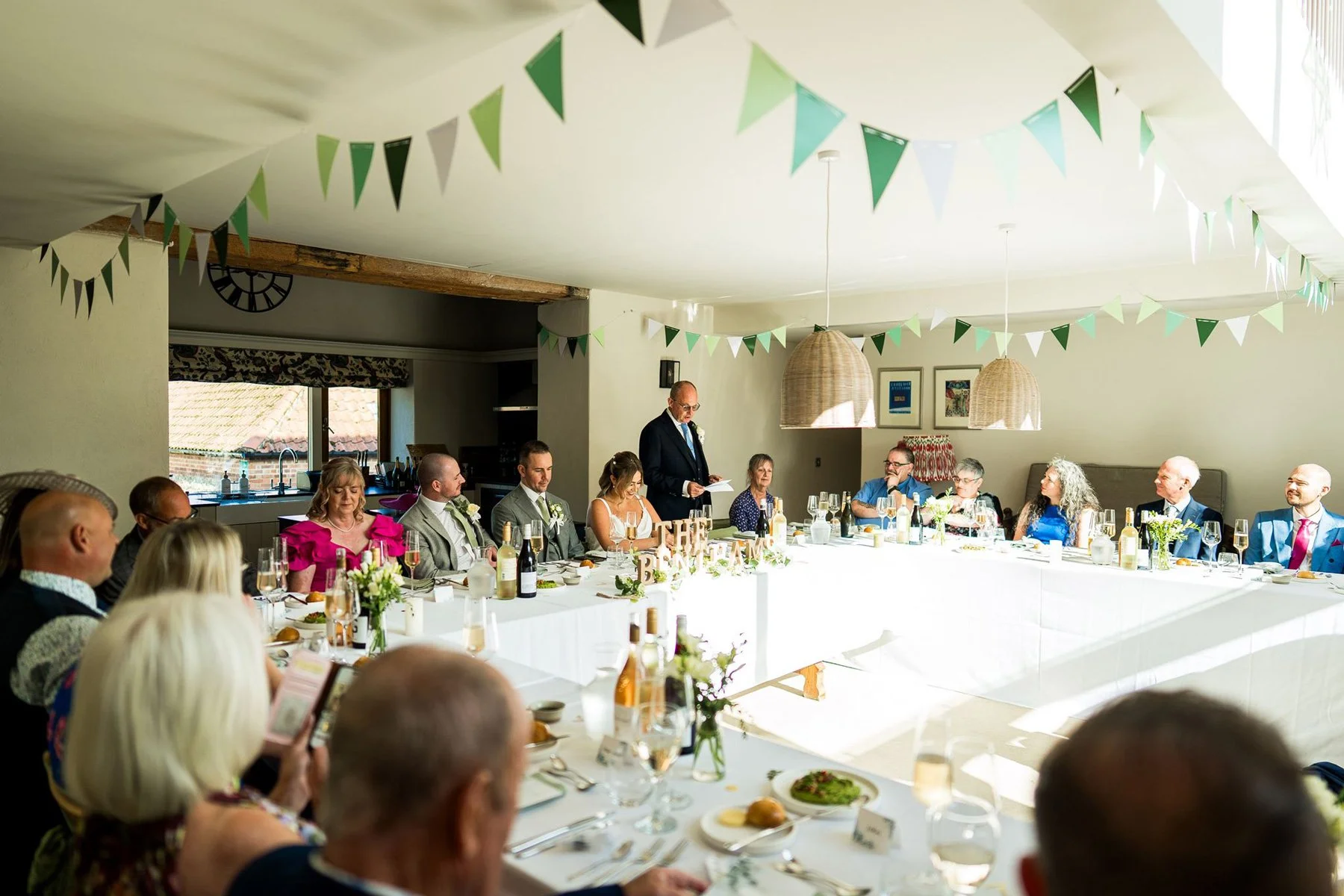 Wedding breakfast setup in High Barsham at an intimate barns wedding photographed by Hannah Brodie Photo
