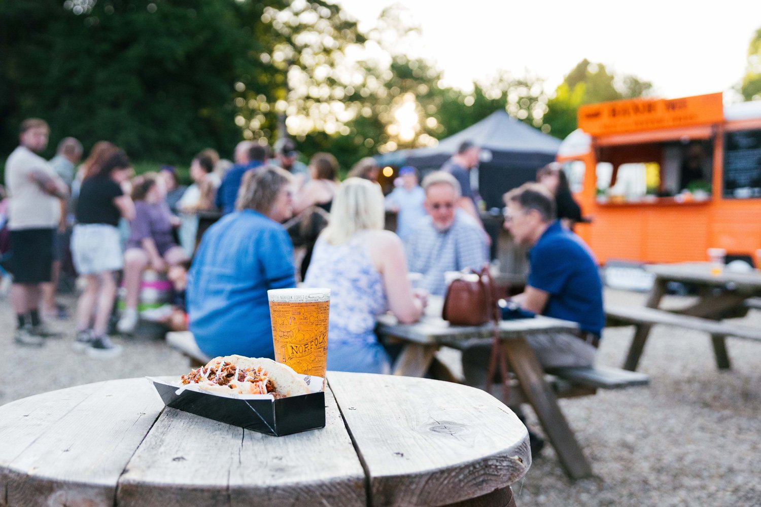 A hot dog and a pint of beer at Barsham Brewery's Street Food Friday
