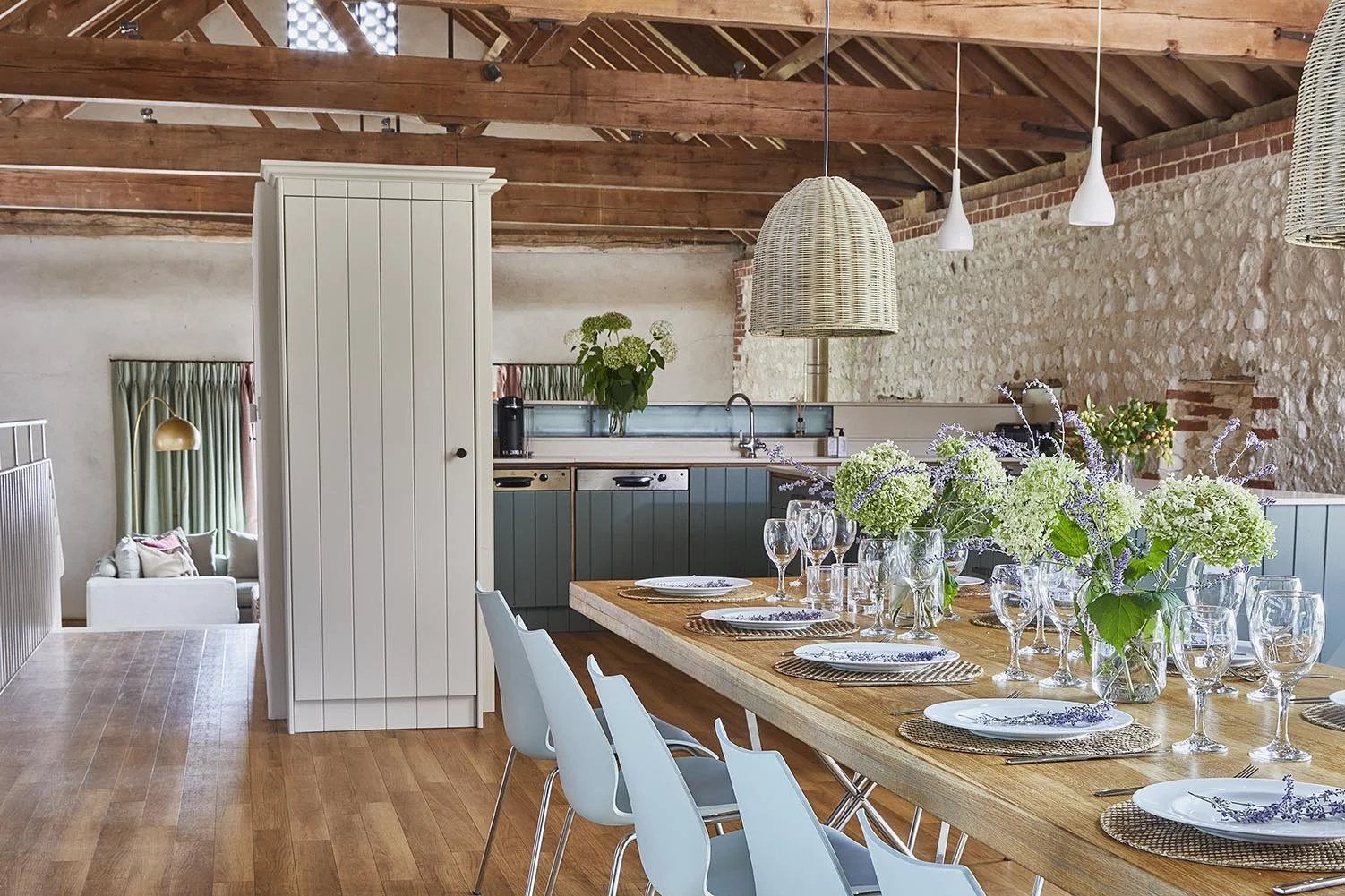 The airy, vaulted kitchen/dining space in Great East, the West Barsham Estate's largest holiday barn