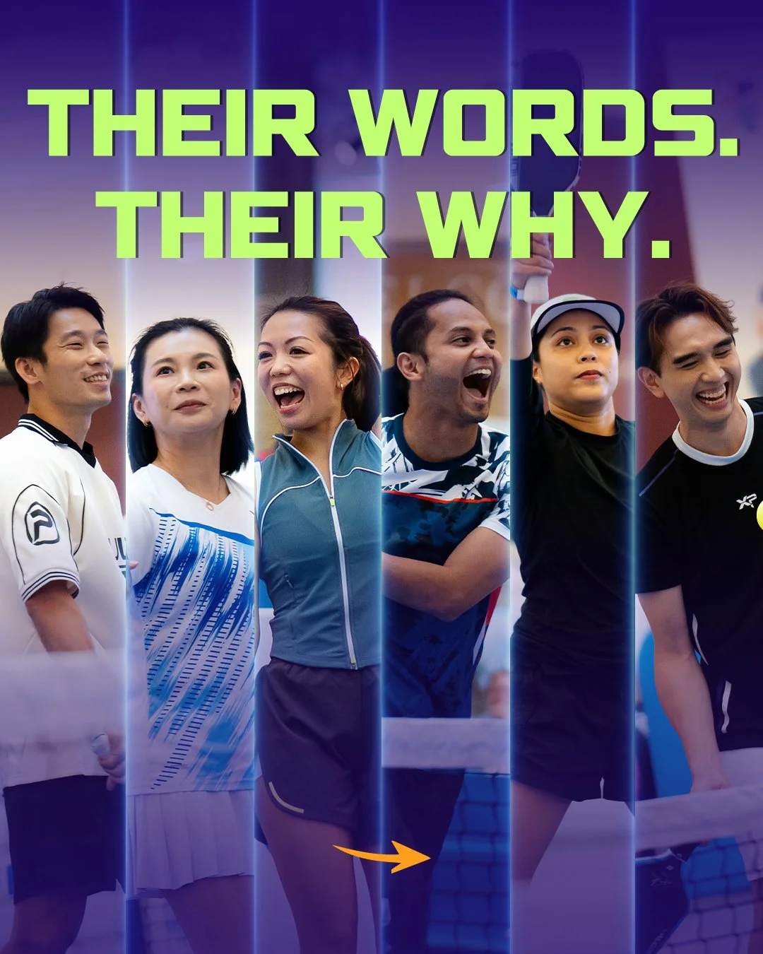 A diverse group of six people smiling and laughing at a sports event, standing in front of a tennis net.