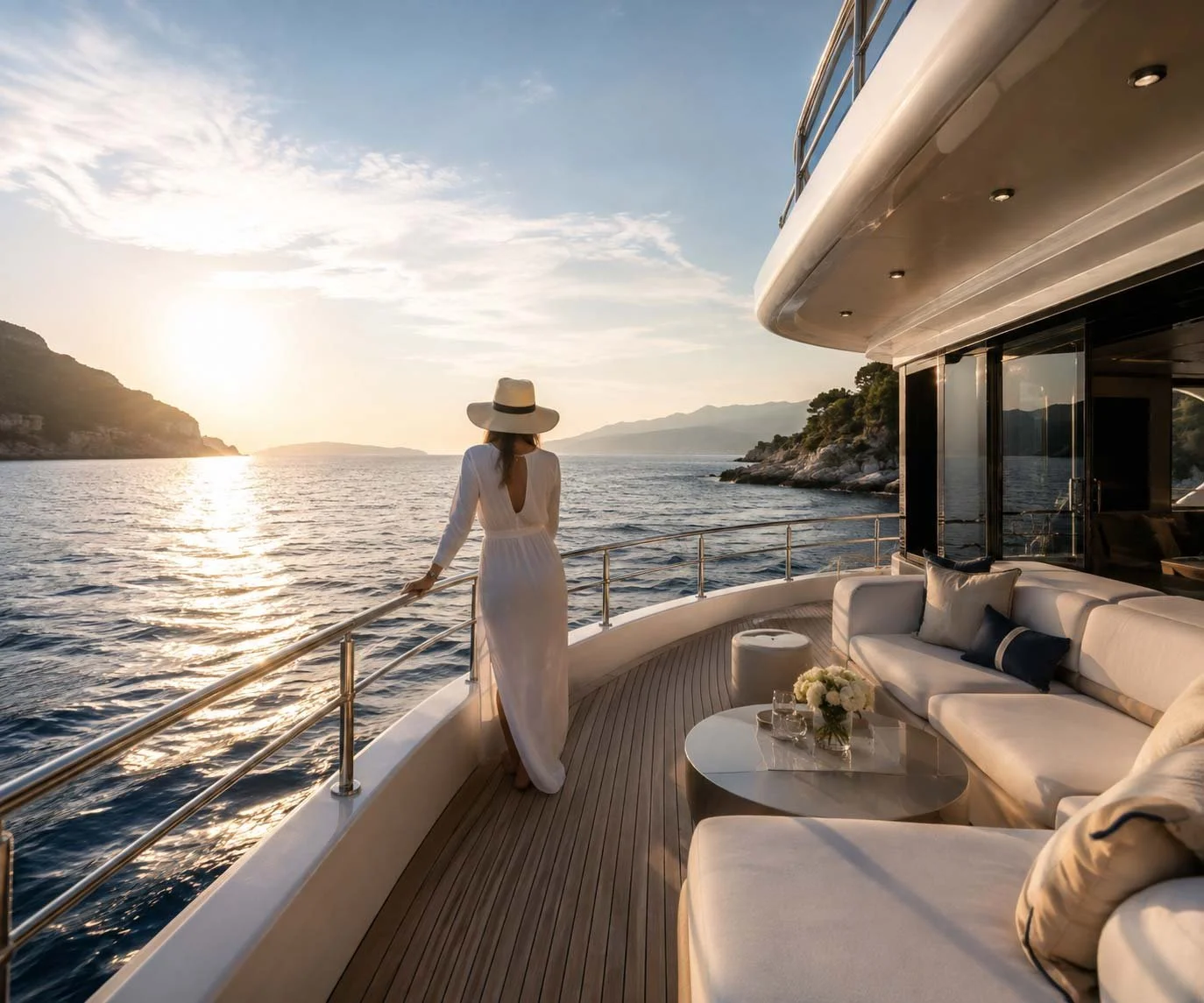 A woman in a white dress and wide-brimmed hat standing on the deck of a yacht, gazing at the sunset over the ocean with rocky islands in the distance.