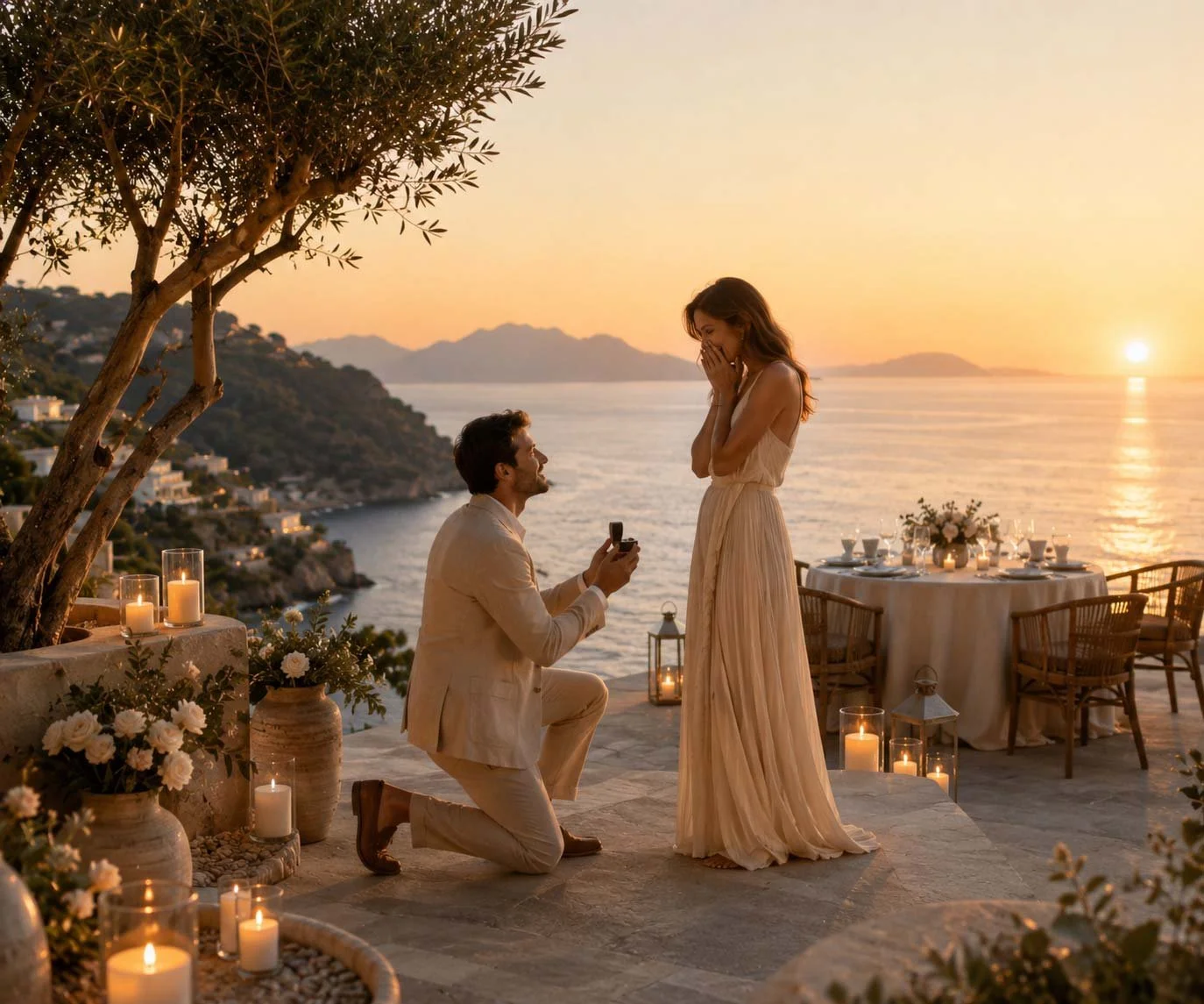 A romantic proposal scene at sunset on a terrace overlooking water and mountains. A man kneels, holding a ring box, proposing to a woman who reacts with surprise, covering her mouth with her hands. The scene is illuminated by candles and decorated with flowers and lanterns.