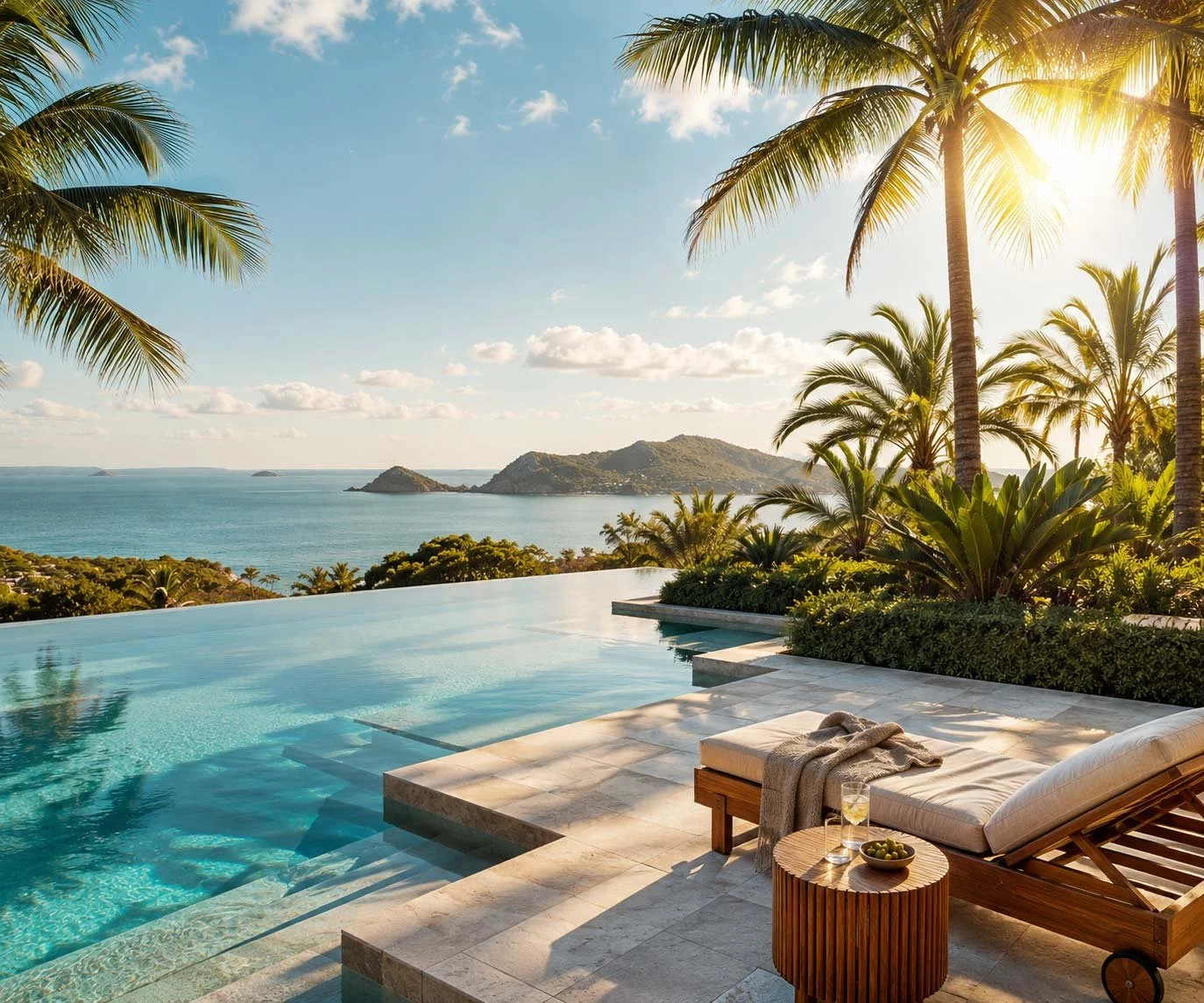 An infinity pool overlooking the ocean, with palm trees and a lounge chair with a towel and drink, beach and islands in the background under a partly cloudy sky.