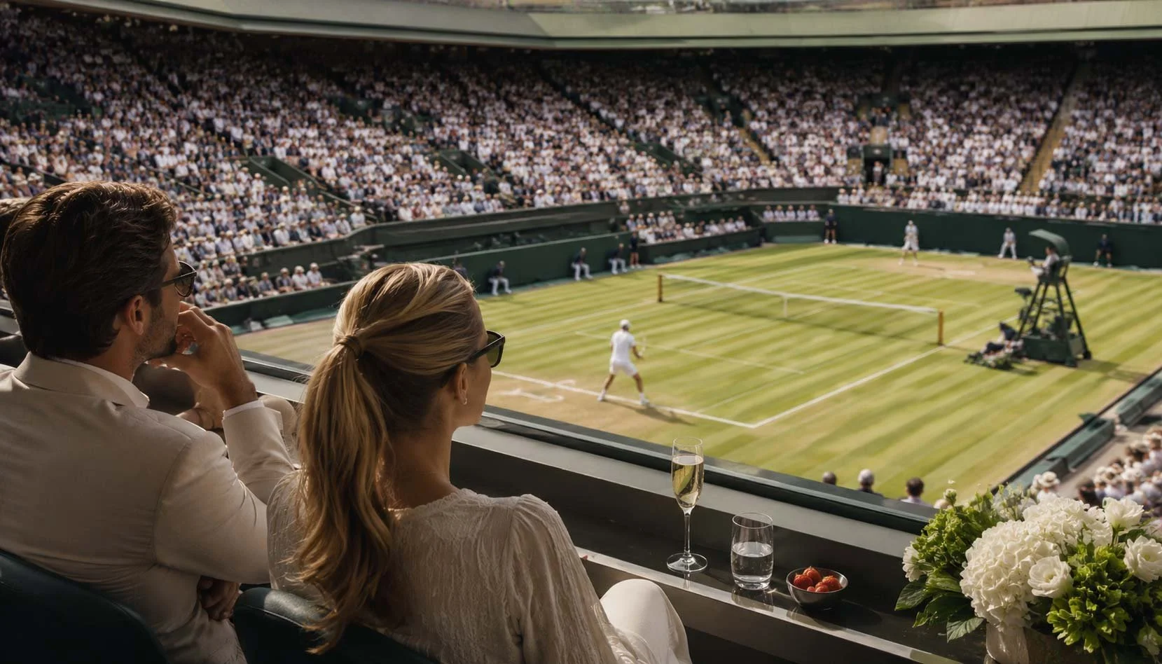 A couple watching a tennis match from a private box at a stadium, with a view of the court, audience, and a bouquet of white flowers on the ledge.