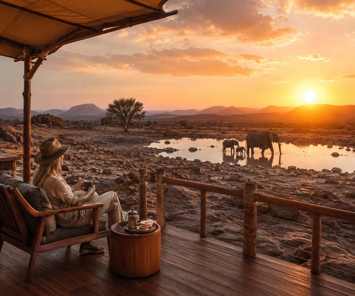 A woman with a hat sitting on a wooden deck, enjoying a drink while watching elephants at a waterhole during sunset in a savannah landscape.