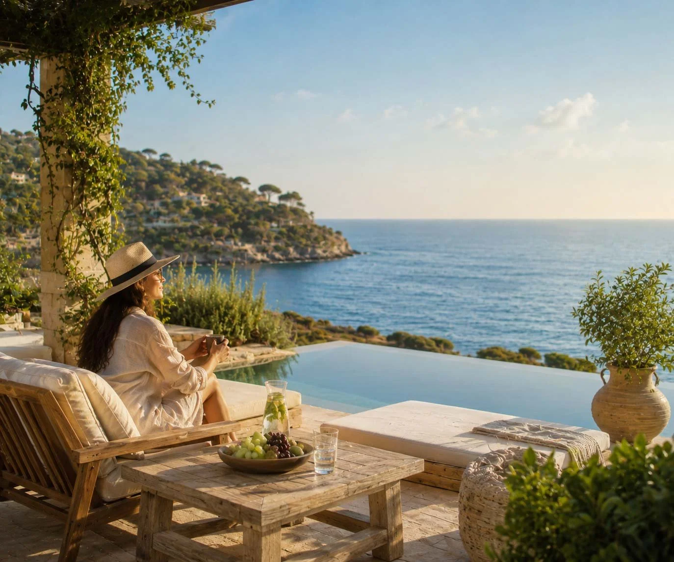 A woman sitting on an outdoor lounge chair by a table with a bowl of grapes, drinking coffee or tea, overlooking the ocean with cliffs and houses in the distance, under a sunny sky.