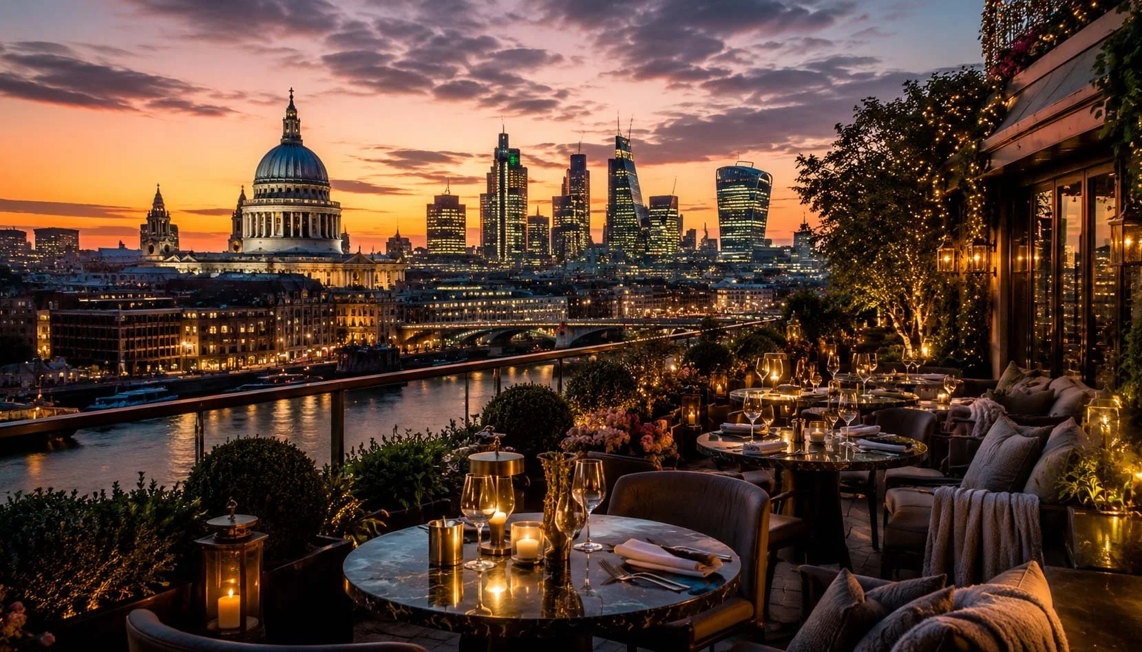 A rooftop dining area overlooking the London skyline at sunset, with tables set with wine glasses, candles, and flowers, and famous landmarks like St. Paul's Cathedral and modern skyscrapers visible in the background.