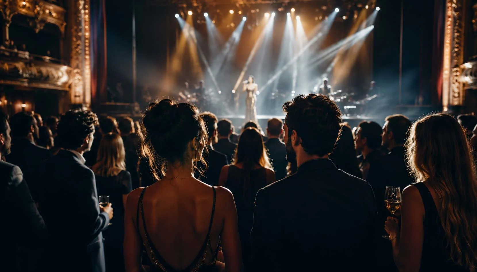 People attending a concert in a theater with a performer on stage, surrounded by stage lighting and musicians, some holding drinks.