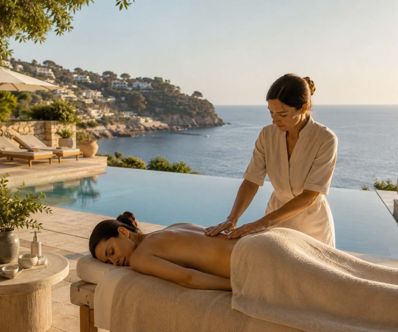 Woman receives a massage outdoors by the pool overlooking the ocean with hillside houses in the background.