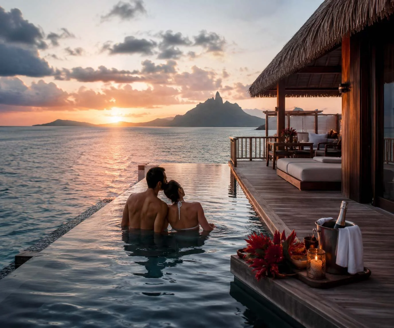 Couple relaxing in an infinity pool overlooking the ocean at sunset with a mountainous island in the distance, a wooden deck with lounge furniture, and a tray with flowers, candles, and champagne.