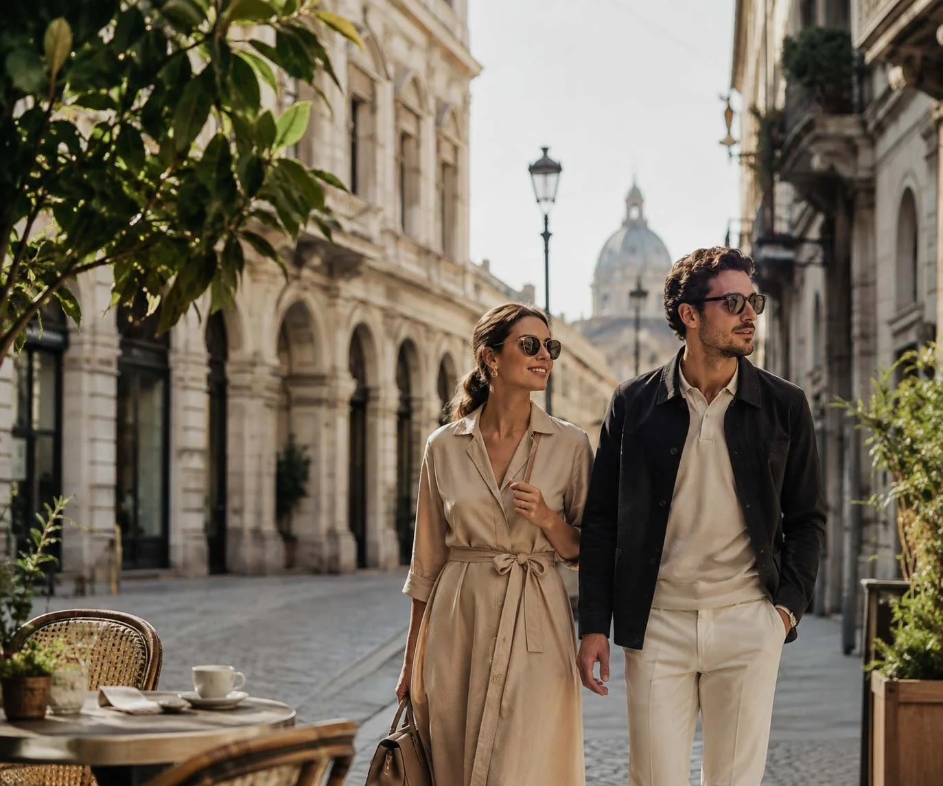 A stylish couple walking down a European city street, surrounded by historic buildings and outdoor cafe tables