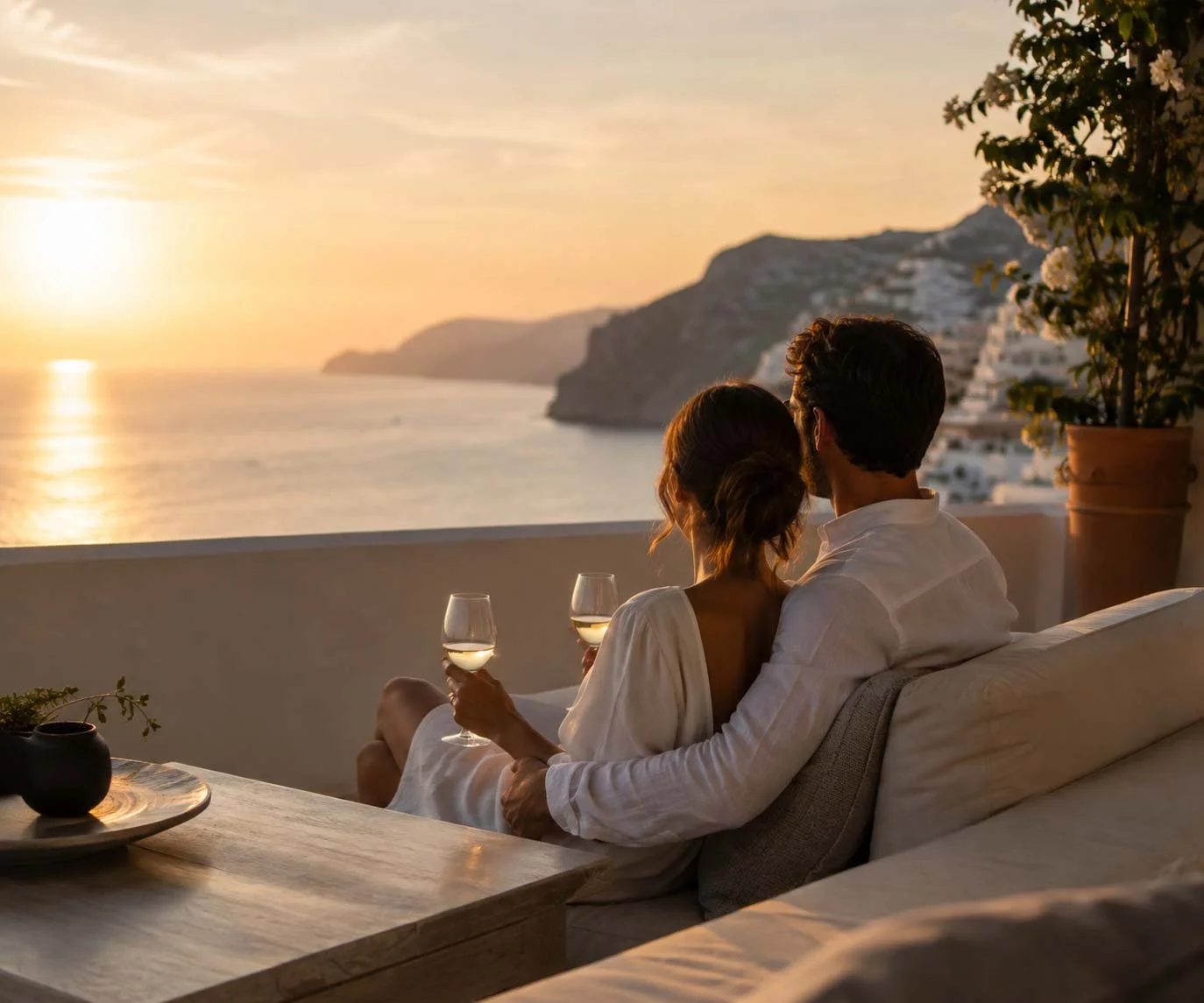 A couple sitting on a couch watching the sunset over the ocean in Santorini, Greece, holding glasses of white wine.