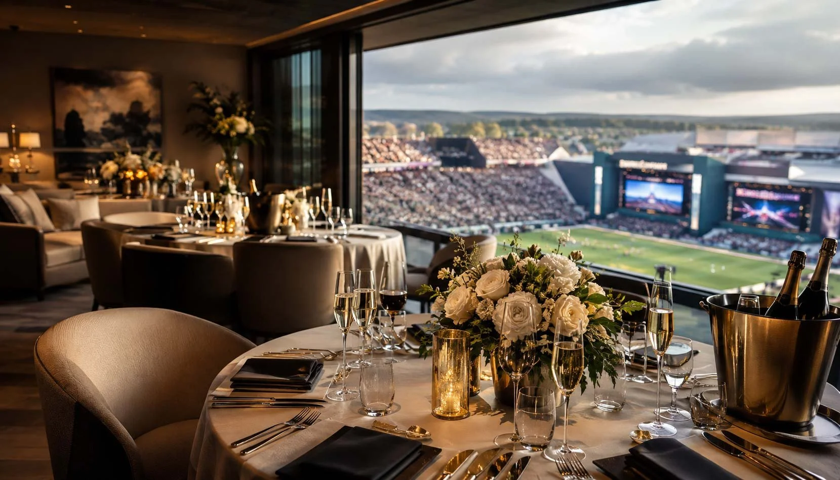 Elegant dining setup with floral centerpiece, champagne and wine glasses, and black napkins on a round table in a luxurious room with large window overlooking a stadium and outdoor area.