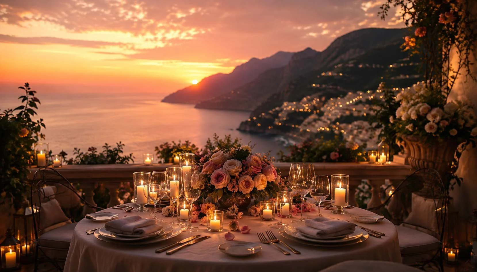 Elegant outdoor dinner table set with flowers and candles overlooking a sunset over the ocean with mountains in the background, on a terrace with potted plants.