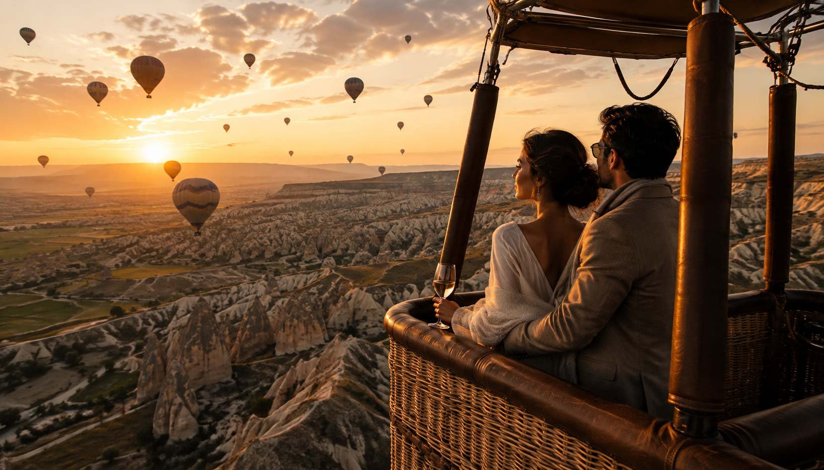 A couple in a hot air balloon at sunset, with numerous balloons floating in the sky above a canyon landscape. The woman is holding a glass of wine and gazing at the scenery.