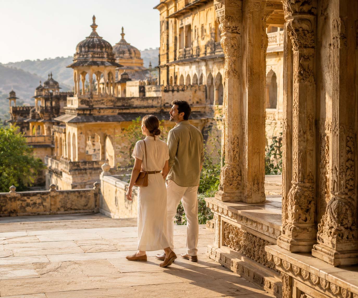 A couple walking hand in hand on a historic palace balcony with intricate carvings, overlooking an ancient cityscape with domed buildings and mountains in the background during sunset.