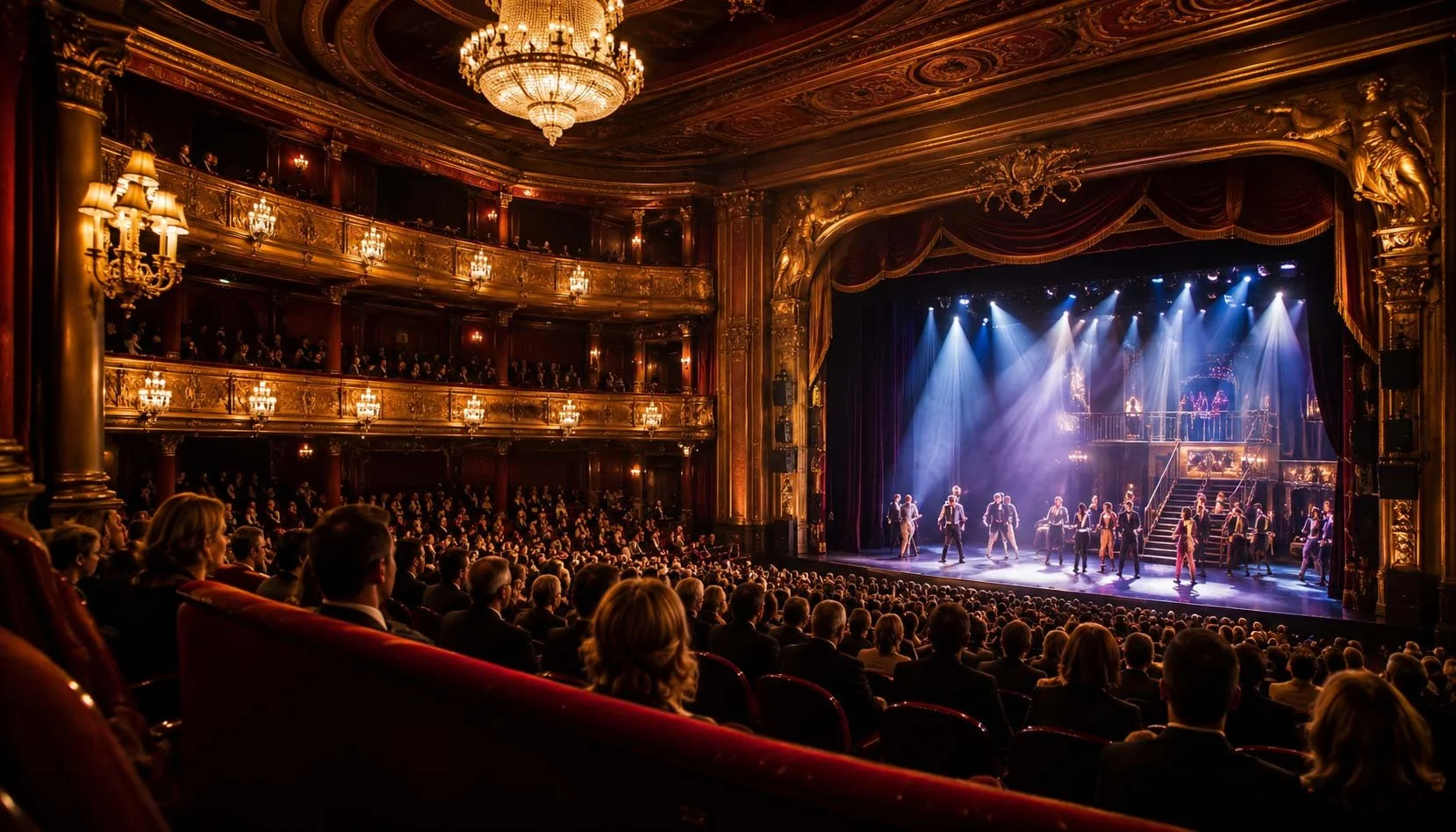 A theatrical stage performance in a grand, ornate theatre with an audience watching. The stage is lit with spotlights, and several performers are on stage, with multiple levels and curtains.