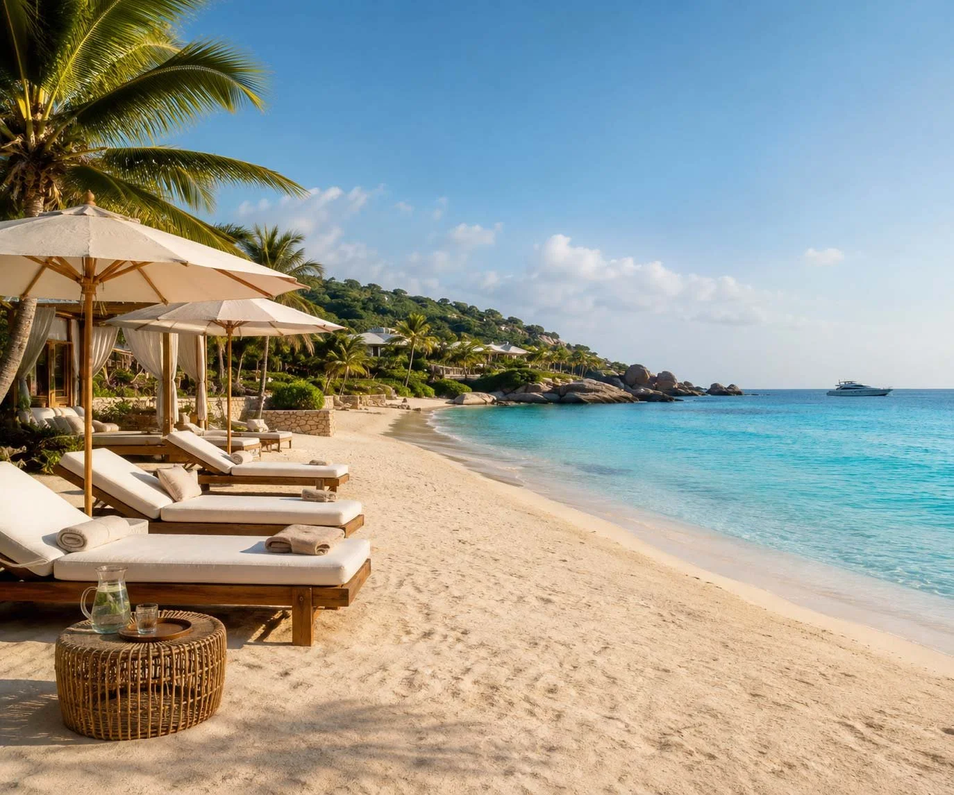 Sunny beach with white sand, lounge chairs with towels under umbrellas, palm trees, and boats in blue ocean