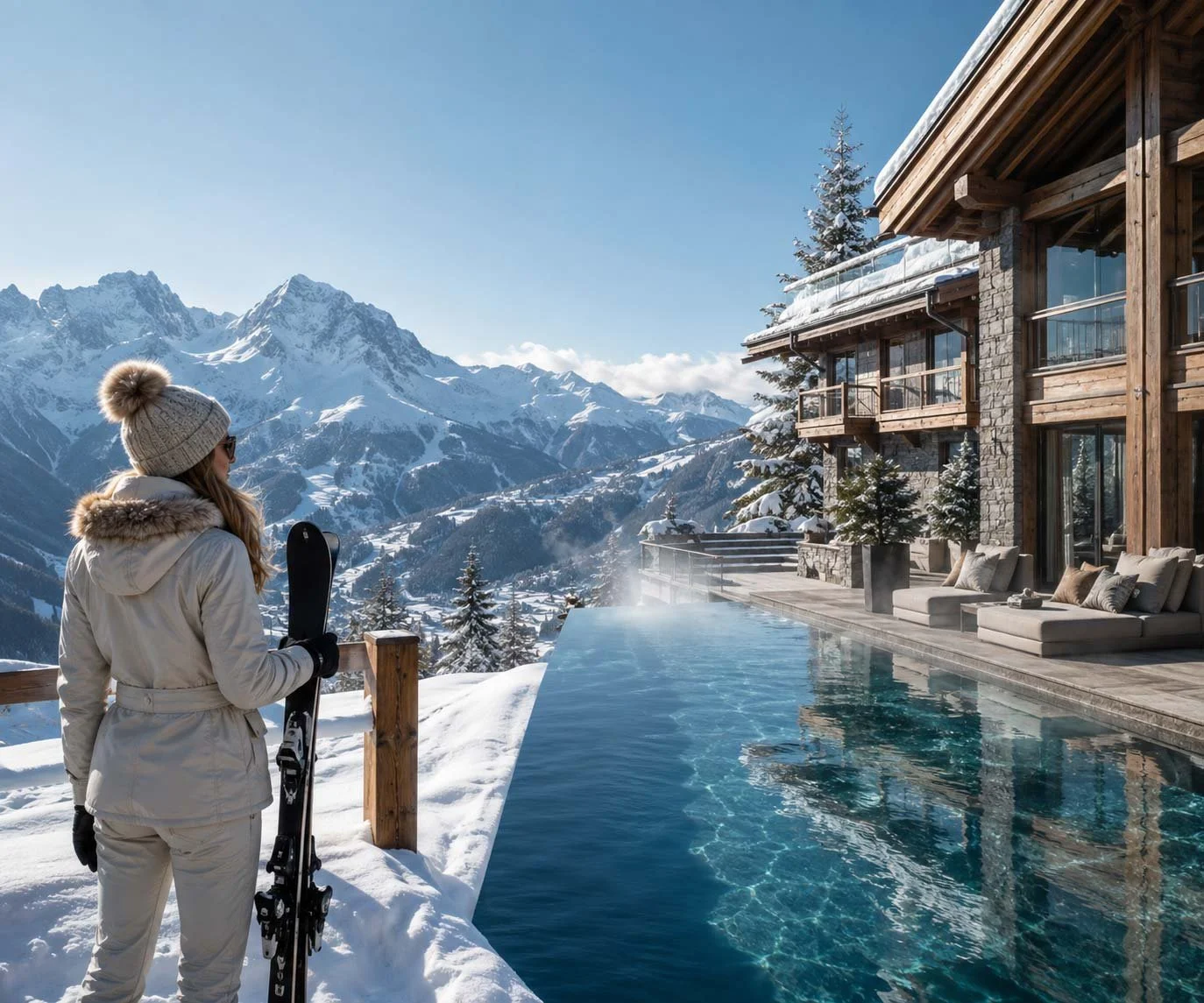 A woman standing on snow-covered ground holding skis and looking at a mountain landscape with a lodge and outdoor pool.