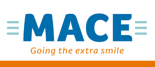 Logo for MACE with the tagline 'Going the extra smile' in orange text