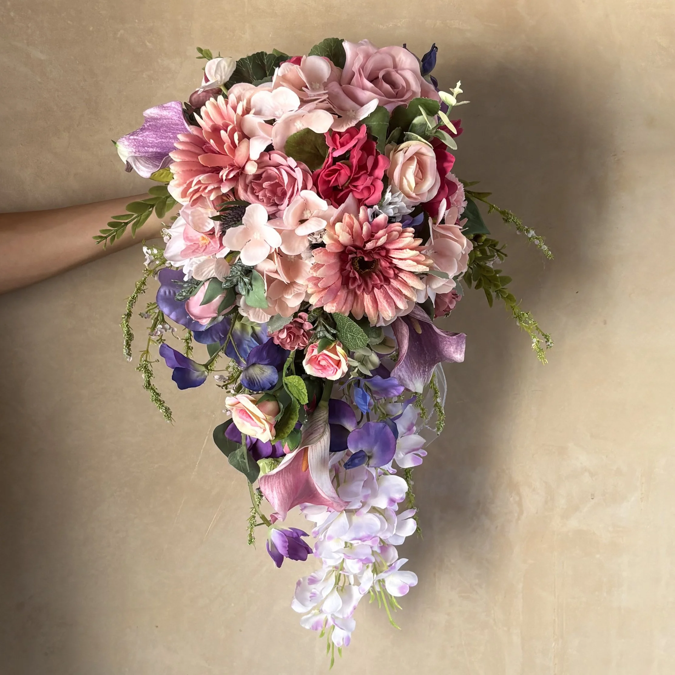 Bespoke cascading pink and purple summer bouquet