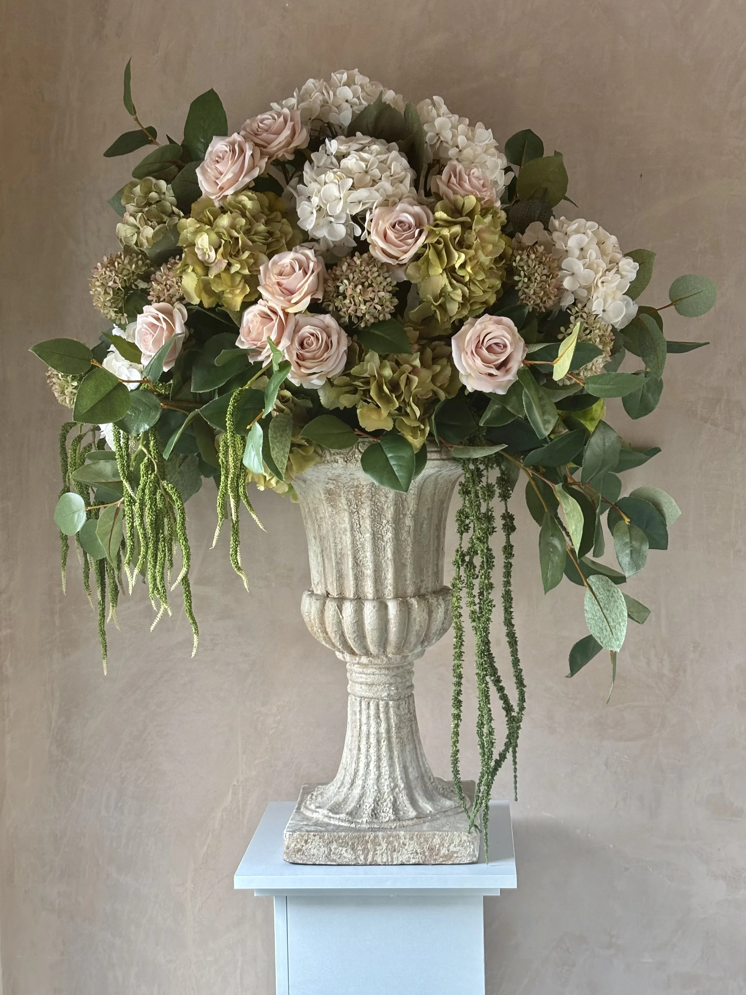 XL Urn Totally bespoke, hydrangeas, pink roses and viburnum with amaranthus.