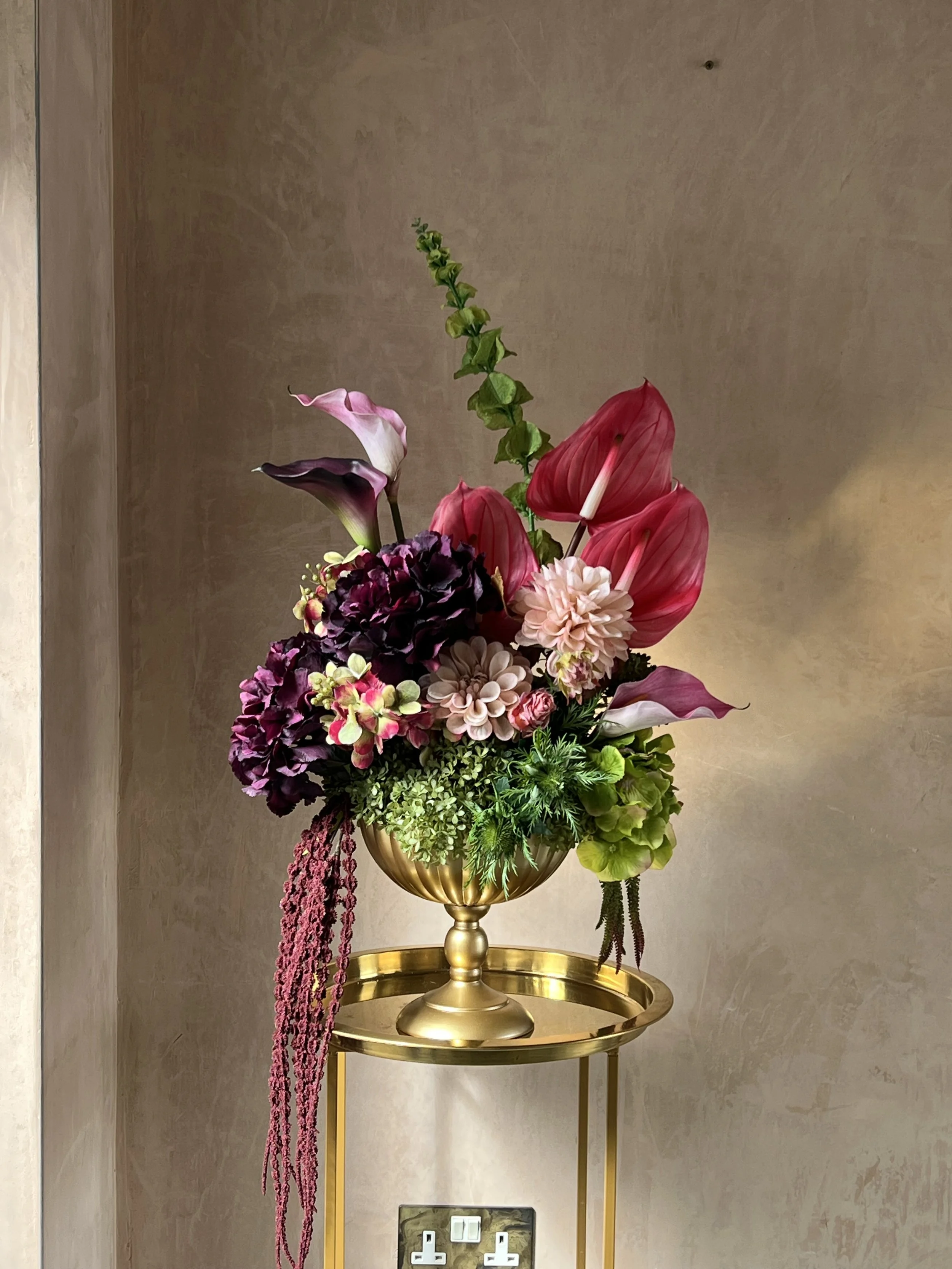 Totally bespoke modern small/medium urn 'a drama of anthuriums'