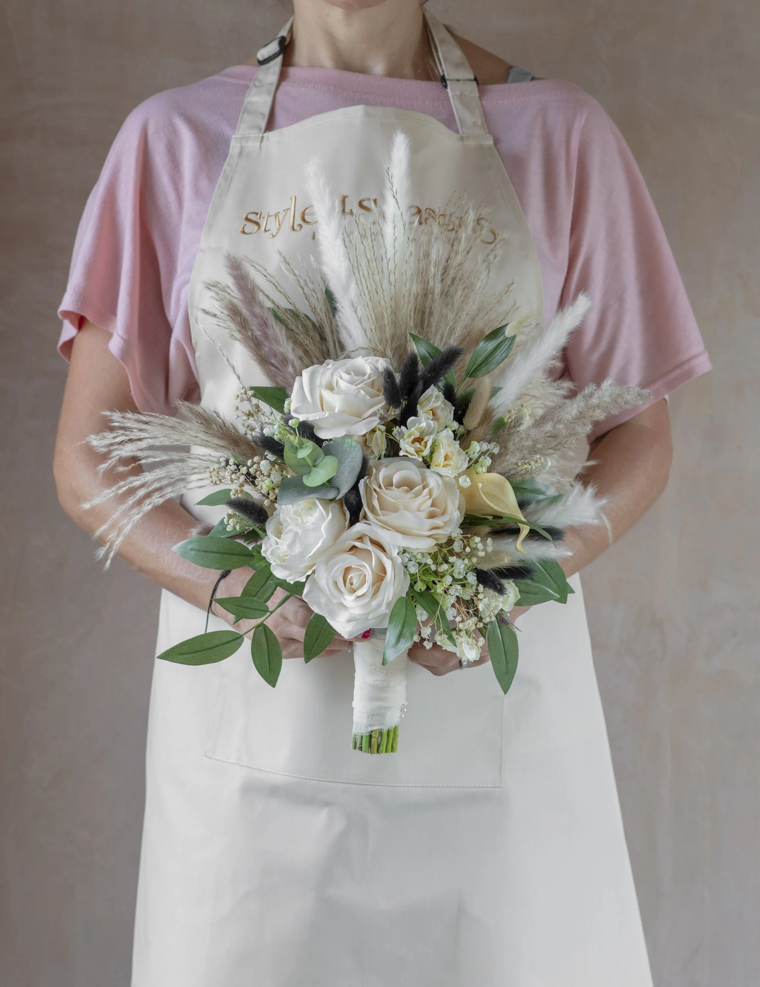 Pampus grass and champagne rose upright boho bouquet