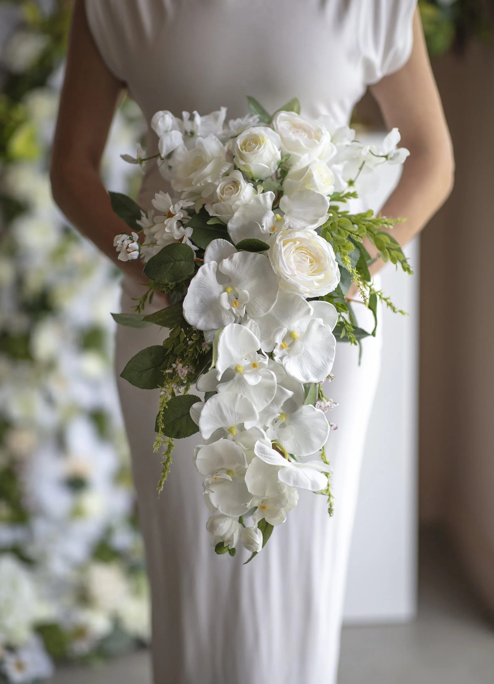 Cascading White Orchid Bouquet on Duchess Holder with Satin Ribbon