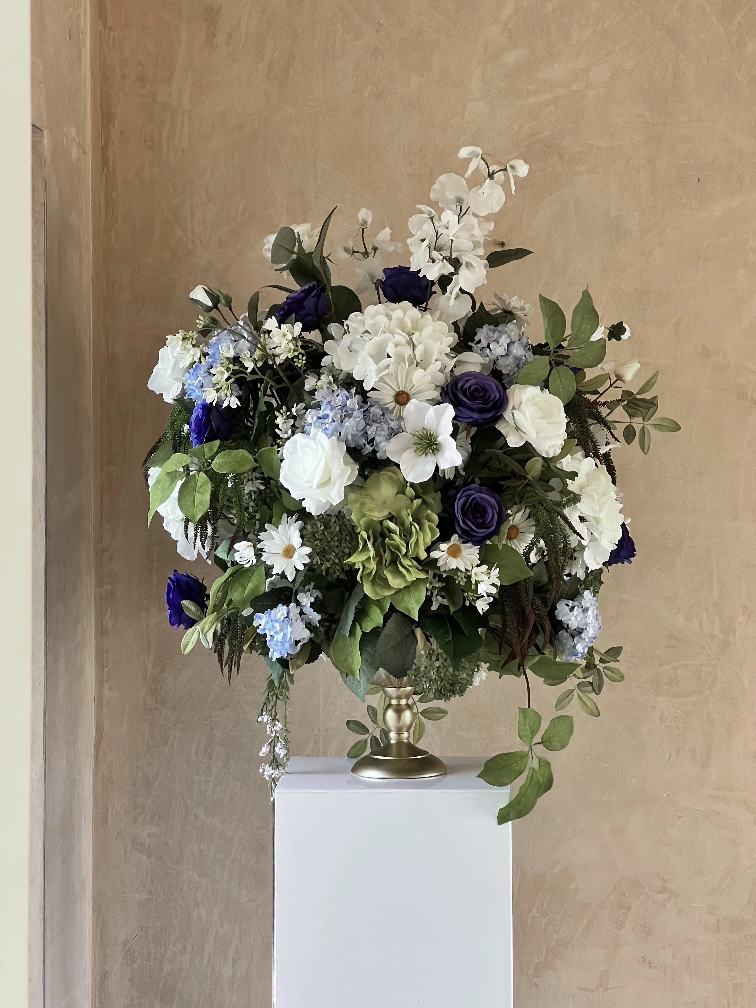 Wild white large urn customised shades of blue