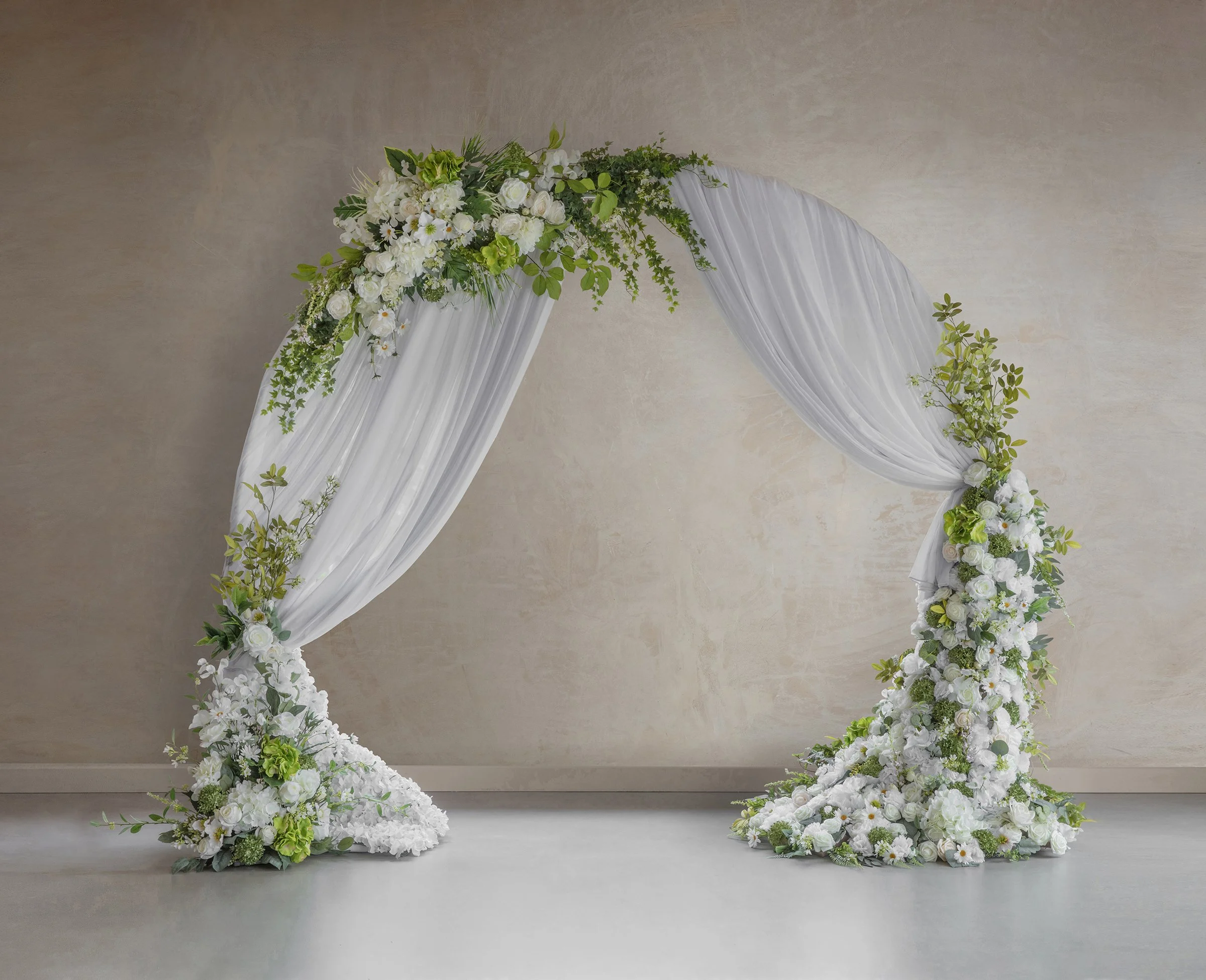 Wild white 1/2 floral arch with chiffon and floor piece 7ft