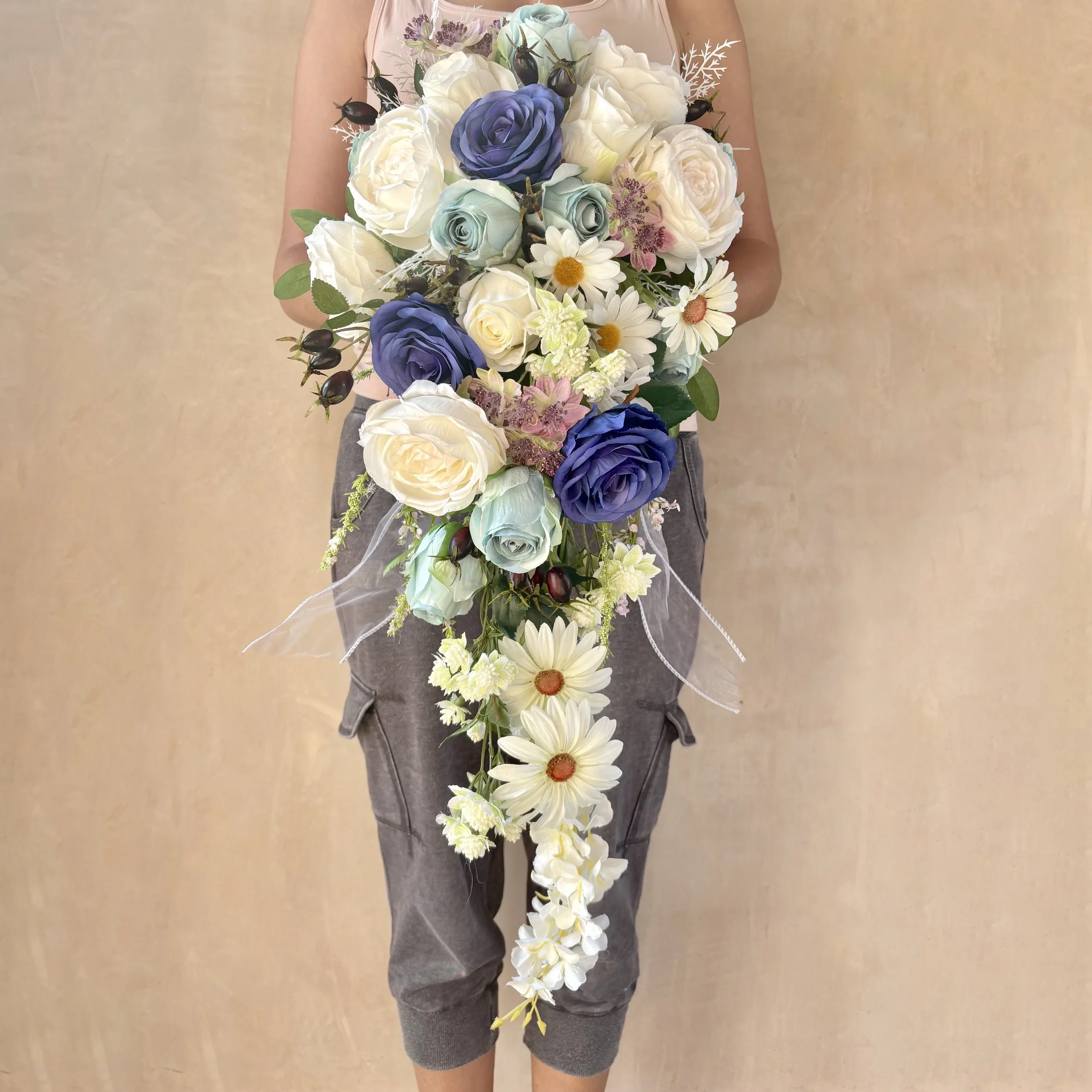 Bespoke cascading white and blue winter vibe bouquet