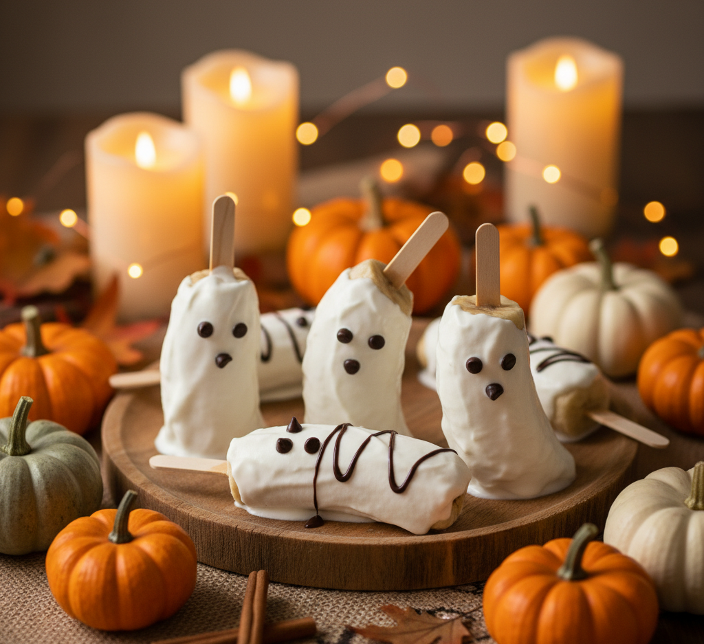 Halloween-themed ghost popsicles on a wooden tray surrounded by small pumpkins and candles.