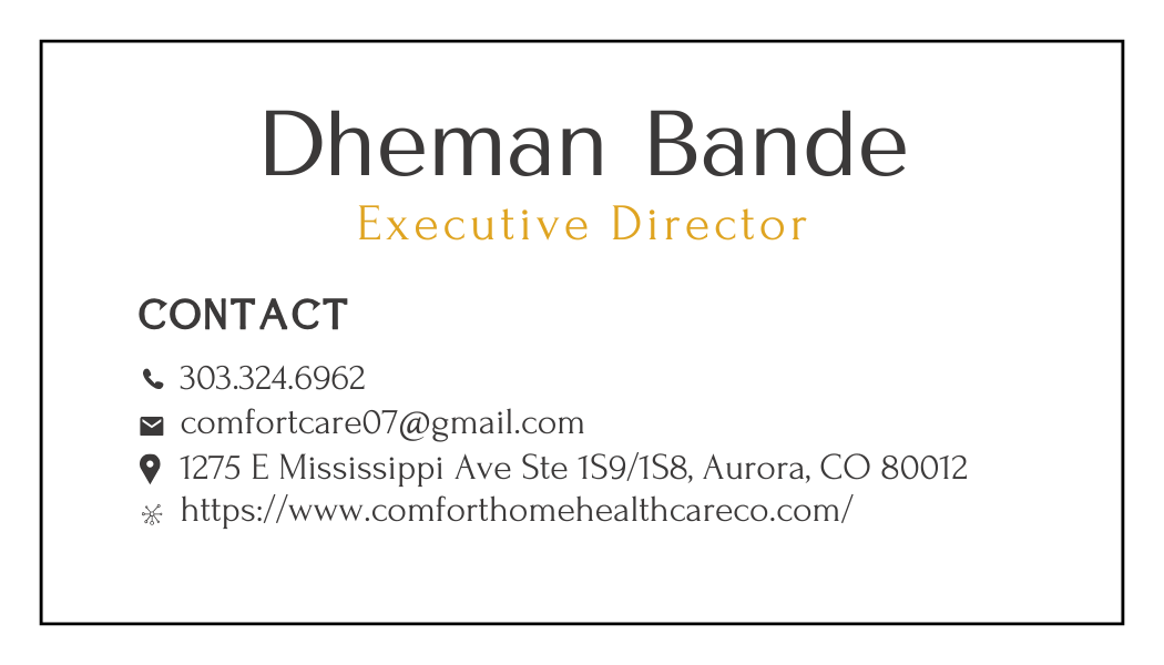 Business card for Dhemann Bande, Executive Director, featuring contact information including a phone number, email, address in Aurora, Colorado, and a website link.