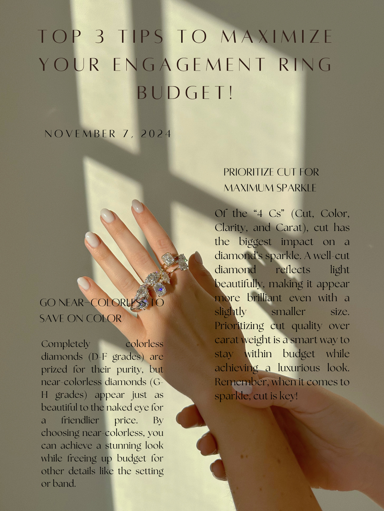 Educational email marketing design featuring engagement ring budgeting tips, jewelry imagery, and informative content to help customers make confident purchasing decisions.