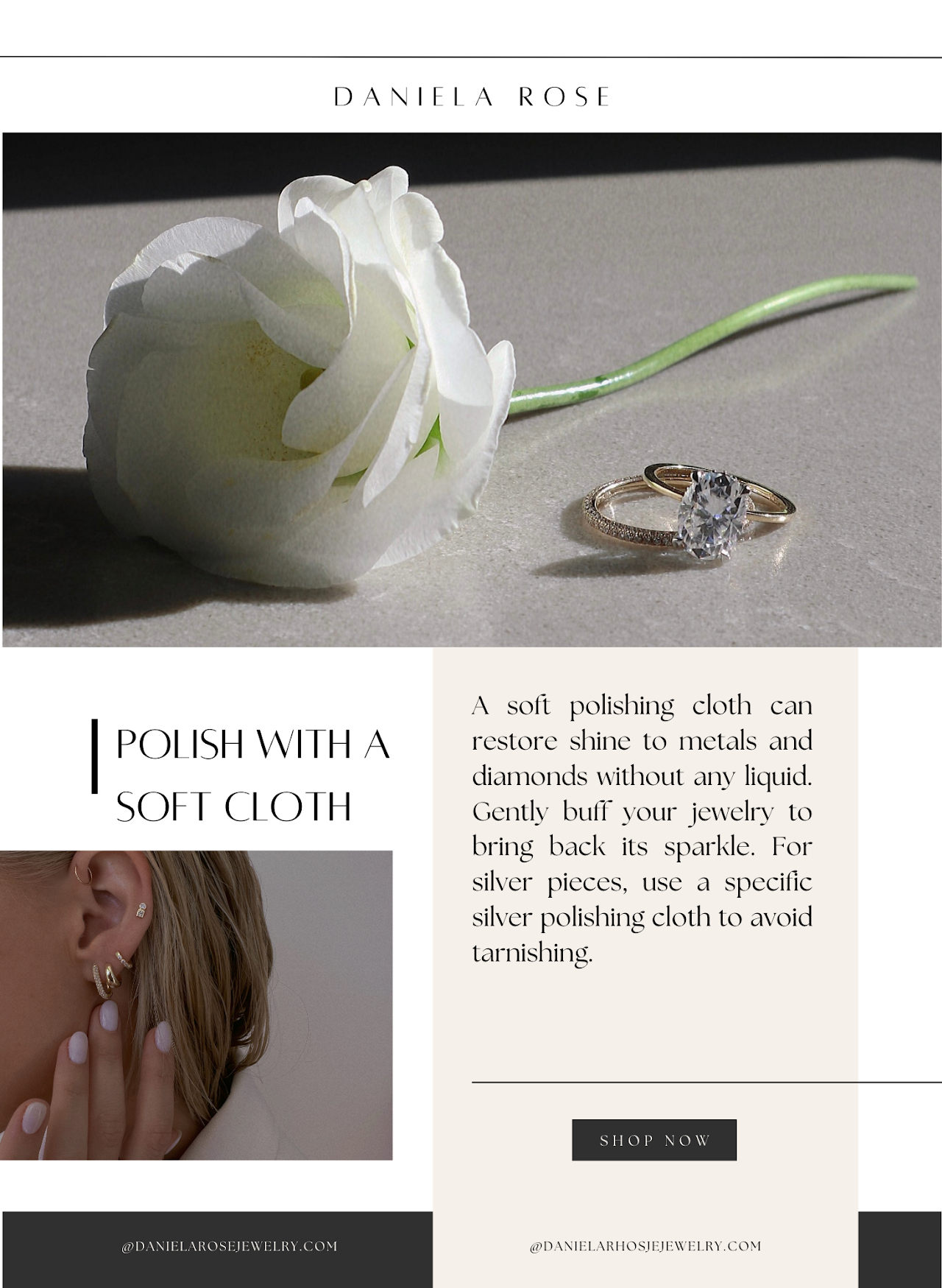 Luxury jewelry email marketing design featuring a diamond ring, white rose, product care tips, and elegant branding for customer engagement and promotions.