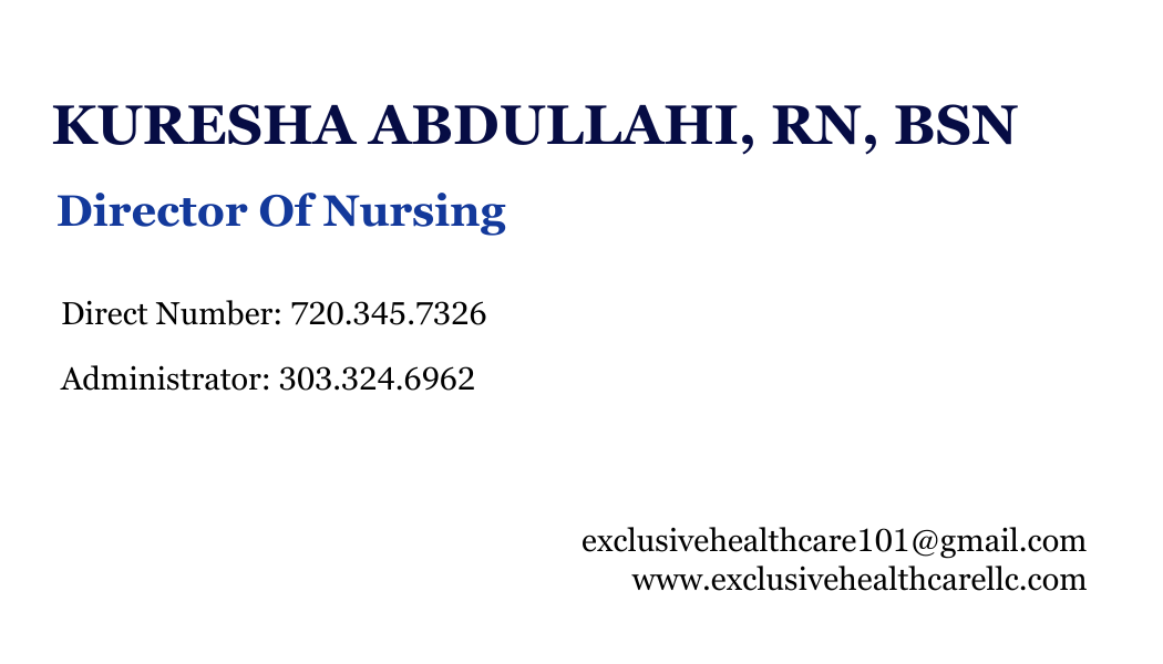 Business card for Kuresha Abdullahi, RN, BSN, Director of Nursing, includes contact numbers, email, and website.