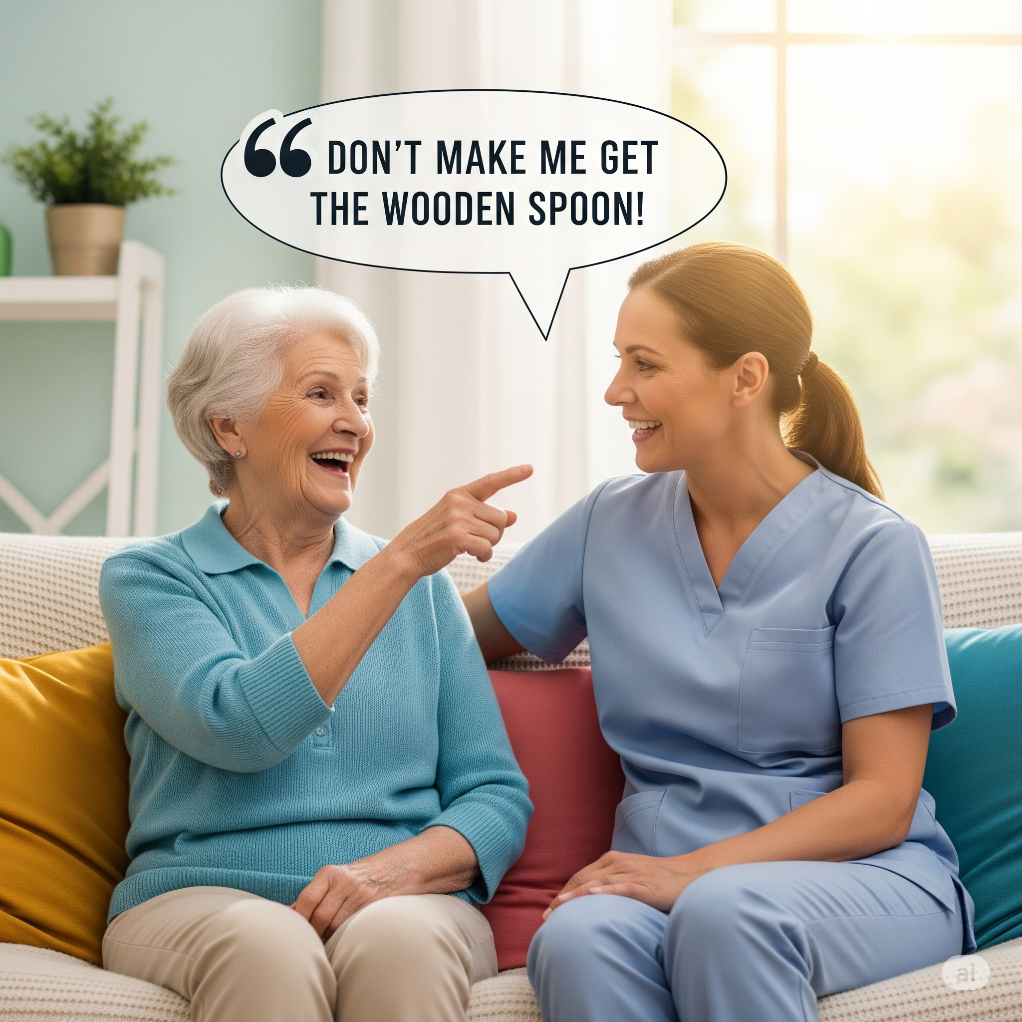 An elderly woman and a young woman in medical scrubs are sitting together on a couch, smiling and talking. The elderly woman is pointing her finger toward the young woman's face. There is a speech bubble above them that says, 'Don't make me get the w