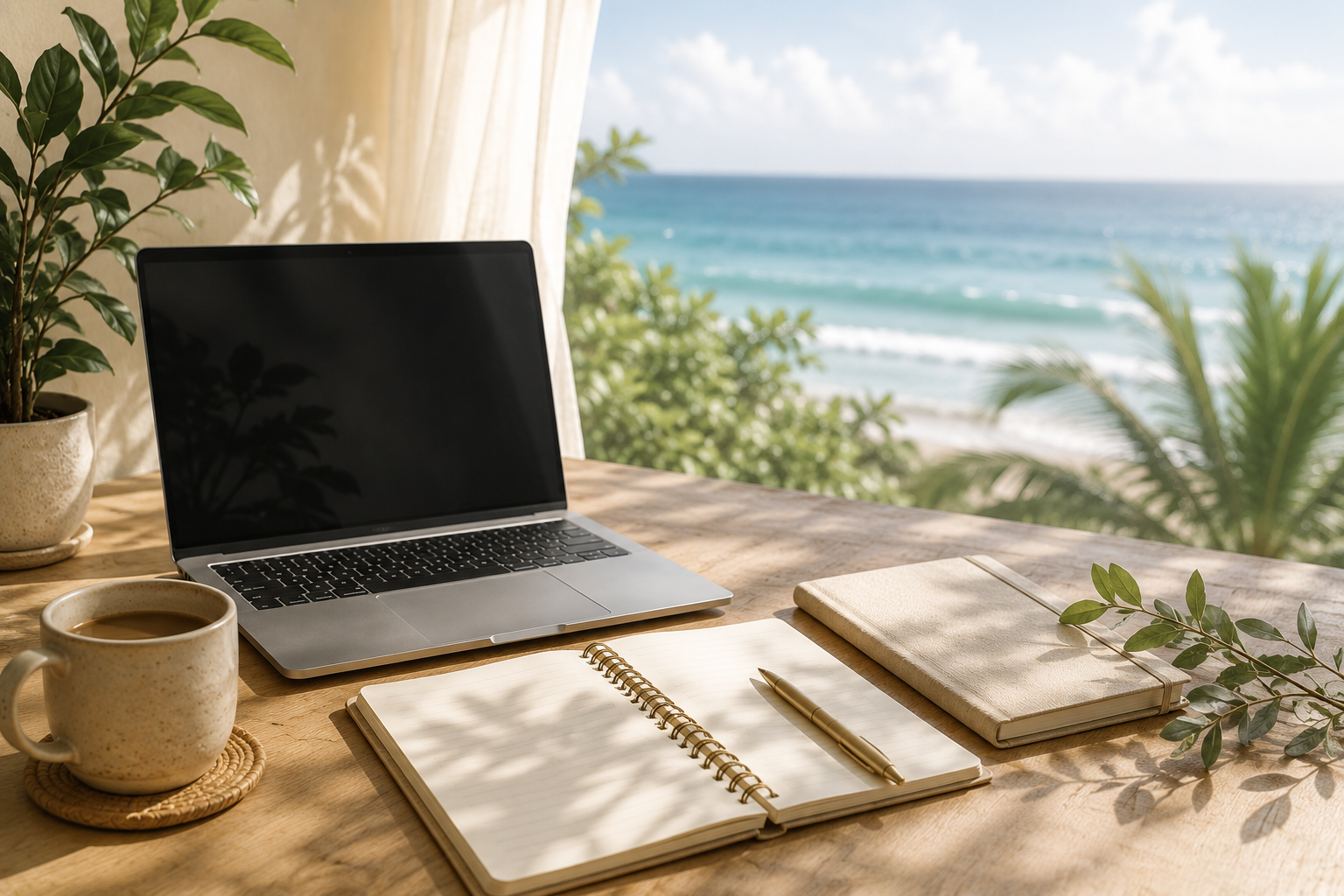 Creative digital marketing workspace with laptop, notebook, and coffee overlooking the ocean, representing content creation, social media management, and business growth.