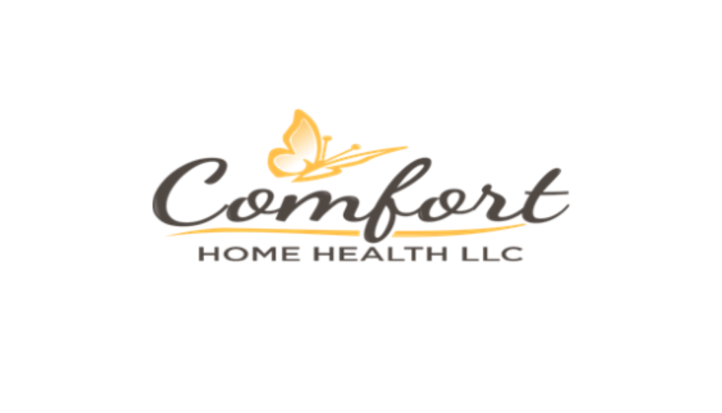 Logo with the word 'Comfort' in cursive font, a butterfly above it, and 'Home Health LLC' below.