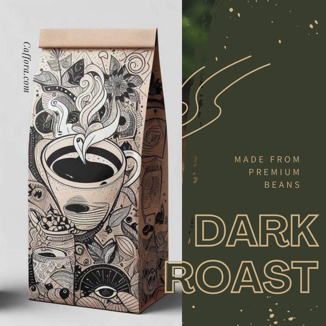 Packaging for dark roast coffee made from premium beans, featuring a black and white artistic illustration of a steaming coffee cup with leaves, flowers, and abstract designs, with a dark green background and speckled accents.