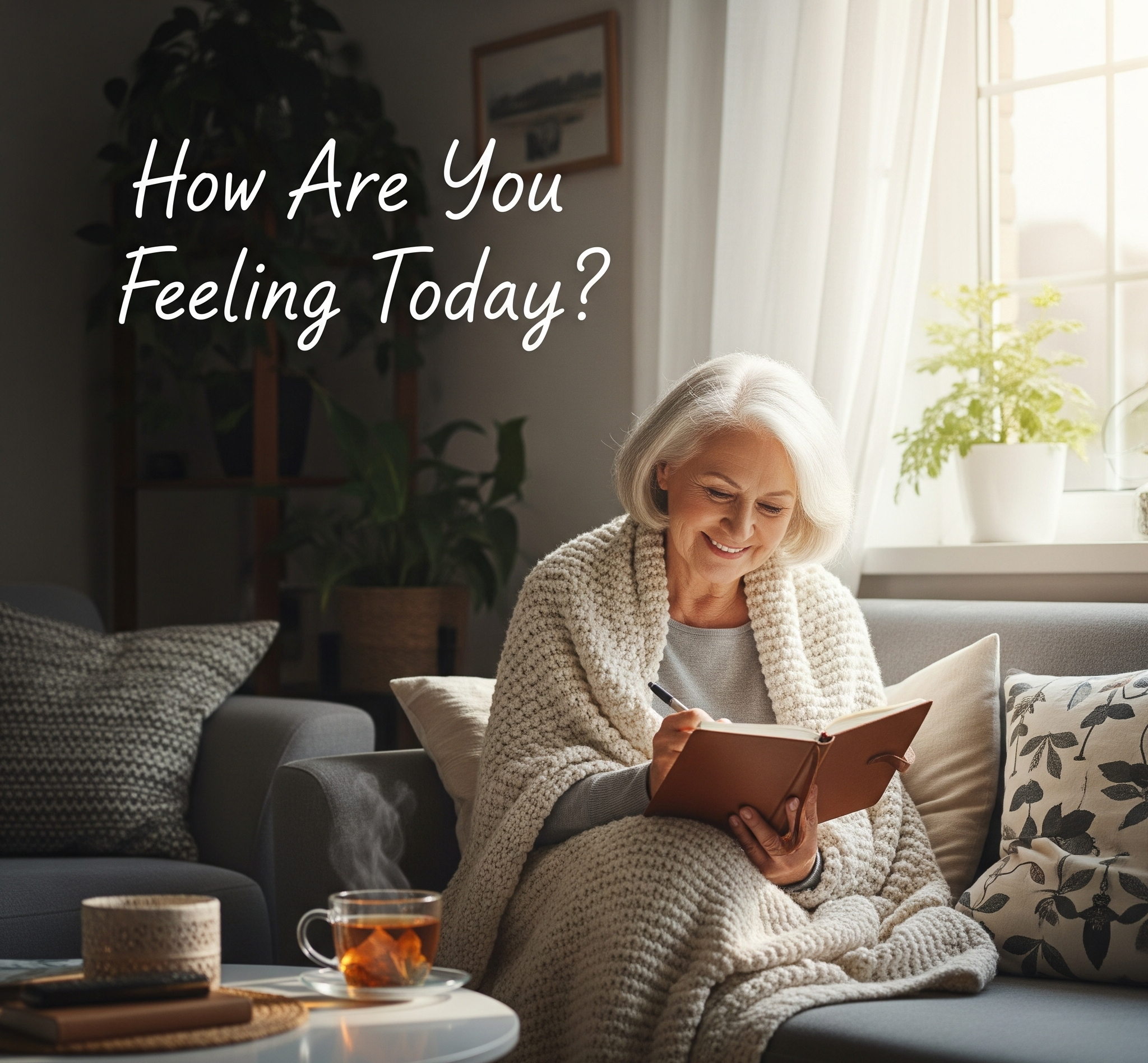 An elderly woman with gray hair sitting comfortably on a sofa, smiling and writing in a notebook. She is covered with a cozy beige blanket. On the coffee table in front of her, there is a cup of tea and a mug, as well as a book. The room is warmly li